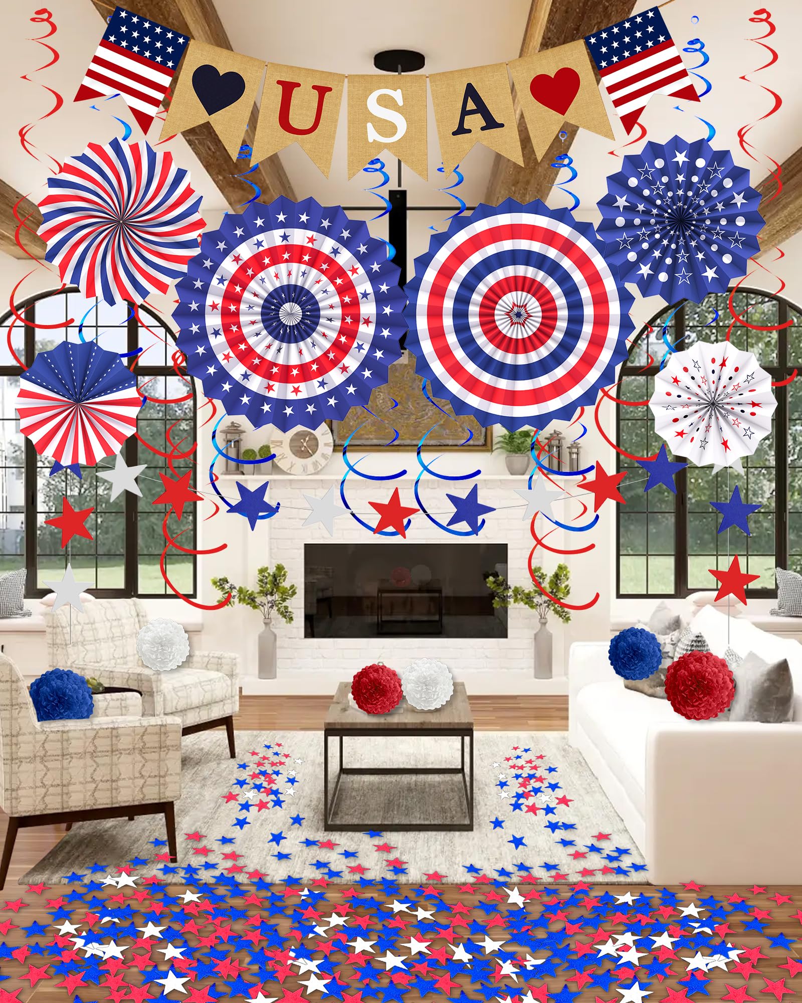 33 Pcs 4th/Fourth of July Memorial Day Decorations, Patriotic Decorations Outdoor Indoor Office USA Banner Red White Blue Star Streamer Hanging Swirls Veterans Day Decor for Independence Day