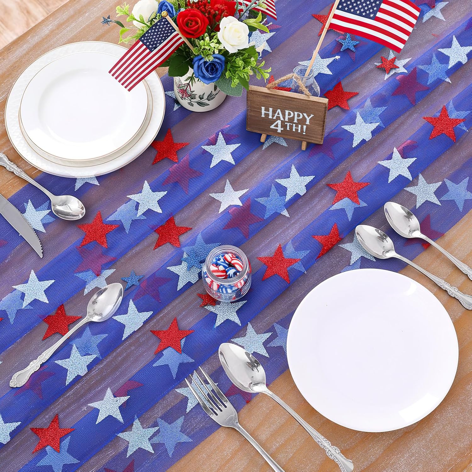 B-COOL Independence Day Red White Stars Blue Tulle Gauze Table Runner | 10FT 4th of July Sheer Tulle Table Fabric Dining Wedding Holiday Birthday Gauze Table Decor for Home Party