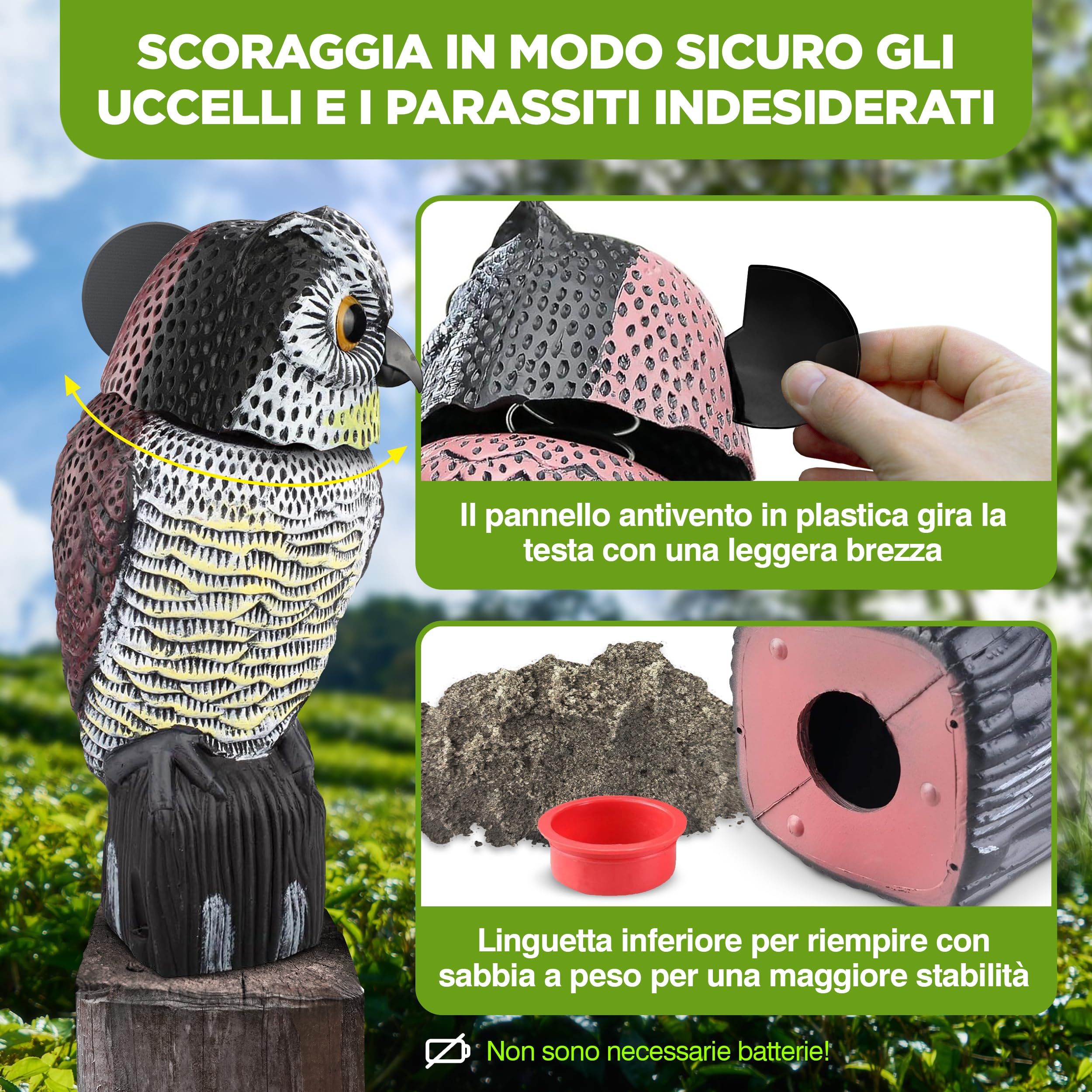 ISOTRONIC richiamo Gufo Controllo Uccelli spaventapasseri Realistico Testa oscillante Repellente piccioni Giardino Balcone frutteto 1 Pezzi Efficace Esterno Protezione Difesa Stop volatili visivo