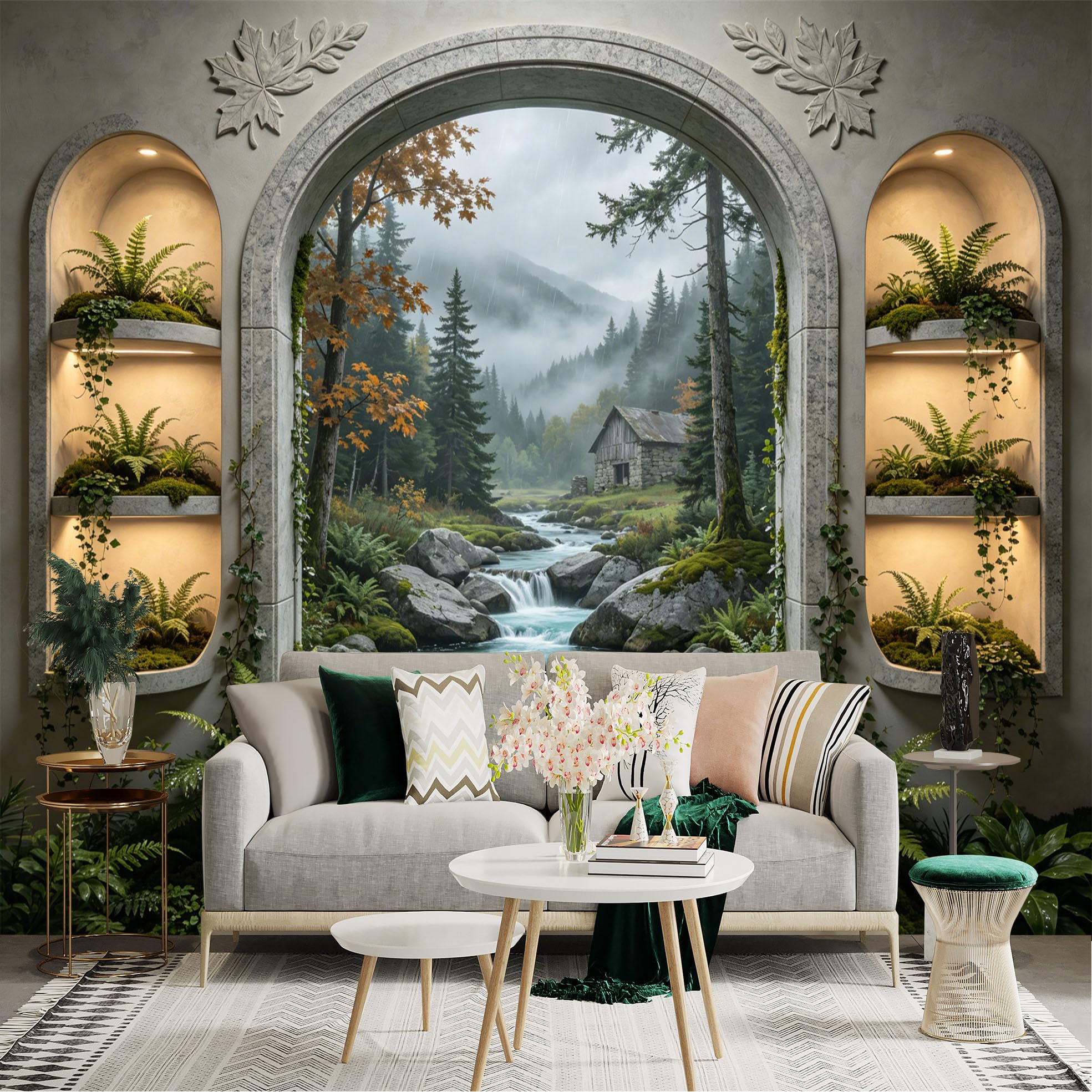 Lnzczhyre Dbh260521375 Custom Size Wall Sticker Mural， Scenic Forest View With Mountain Stream， Rustic Cabin And Fern Shelves， For Wall Decoration， Peelandstick Wall Decals.