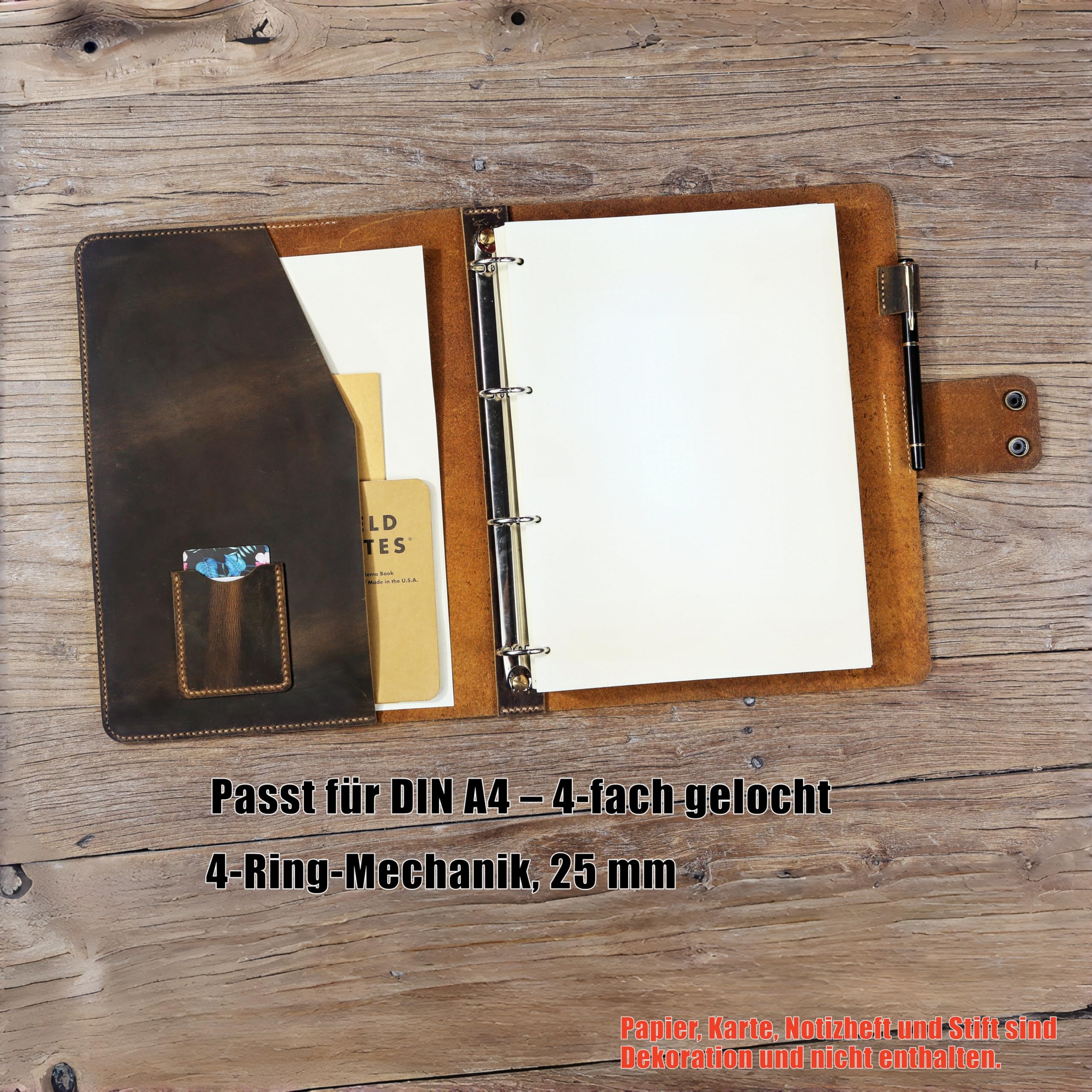 Personalisiertes Leder A4 Ringbuch Ordner – DIN A4 Mappe mit 4-Ring-Mechanik (25 mm), Vollnarbenleder im Vintage-Look „Crazy Horse“, handgenäht, 32×25 cm – ideal fürs Büro, Studium & als Geschenk