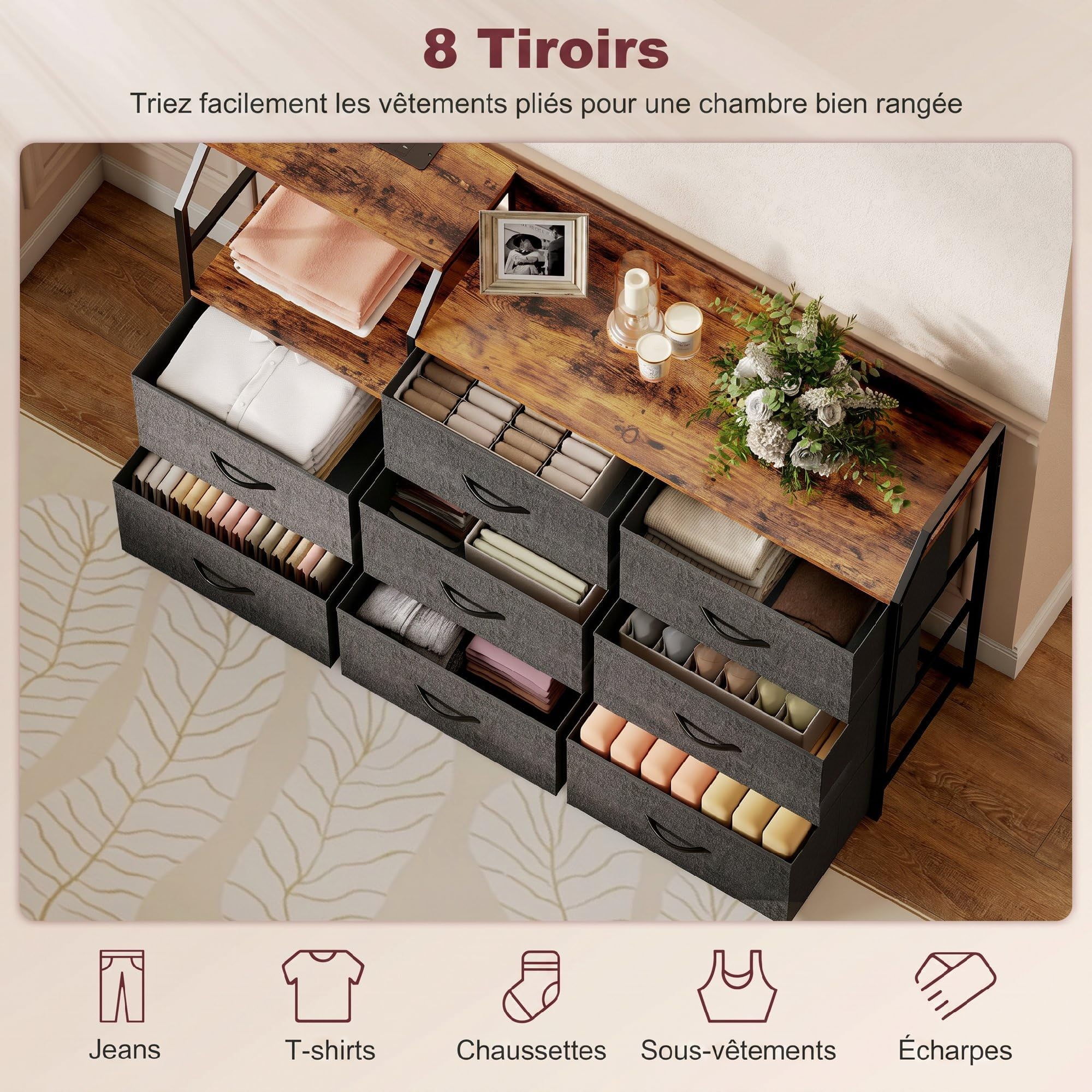 HOMCOM Commode avec Station de Recharge, 8 tiroirs en Tissu Pliables, Commode Chambre, Meuble de Rangement, étagère Ouverte et Crochets, Cadre en Acier, pour Chambre, Salon, Couloir, Marron Rustique | Meuble de Rangement, Étagère Ouverte, Crochets, Cadre
