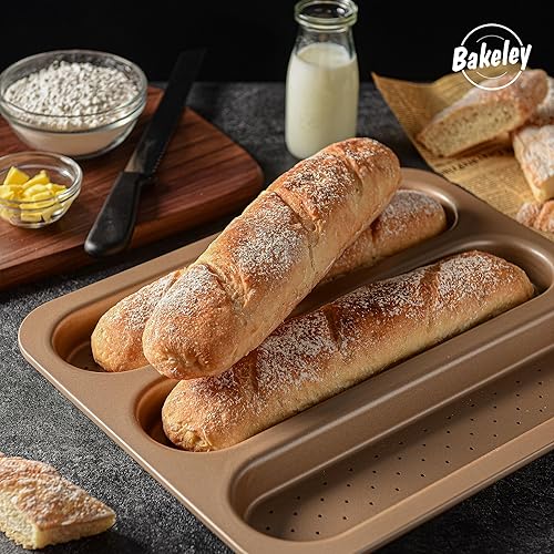 Vista 11 de Sartén para baguette perforada, 14.5 pulgadas, 2 panes ondulados, antiadherentes, ultraventilados, canal de 2 pulgadas para hornear en horno, 14.75