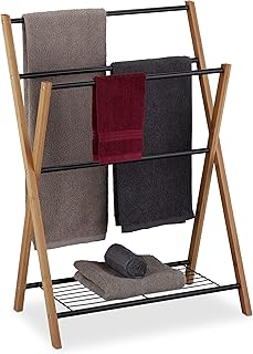 Relaxdays Standing Towel Rail, 4 Towel Rails, Bathroom Shelf, Metal, Bamboo, HBT 87 x 60.5 x 37.5 cm, Black/Natural