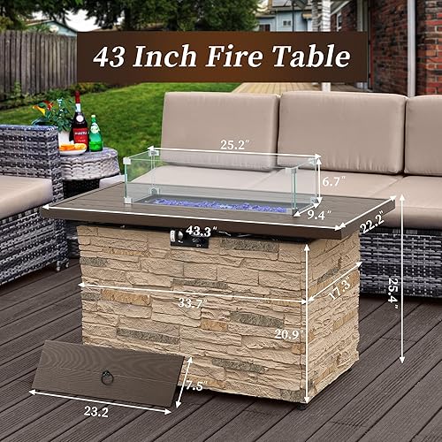 Miniatura 7 de PIZZELLO Mesa rectangular para fogata de propano de 43 pulgadas para exteriores, mesa rectangular de piedra para fogata de 50,000 Btu para patio