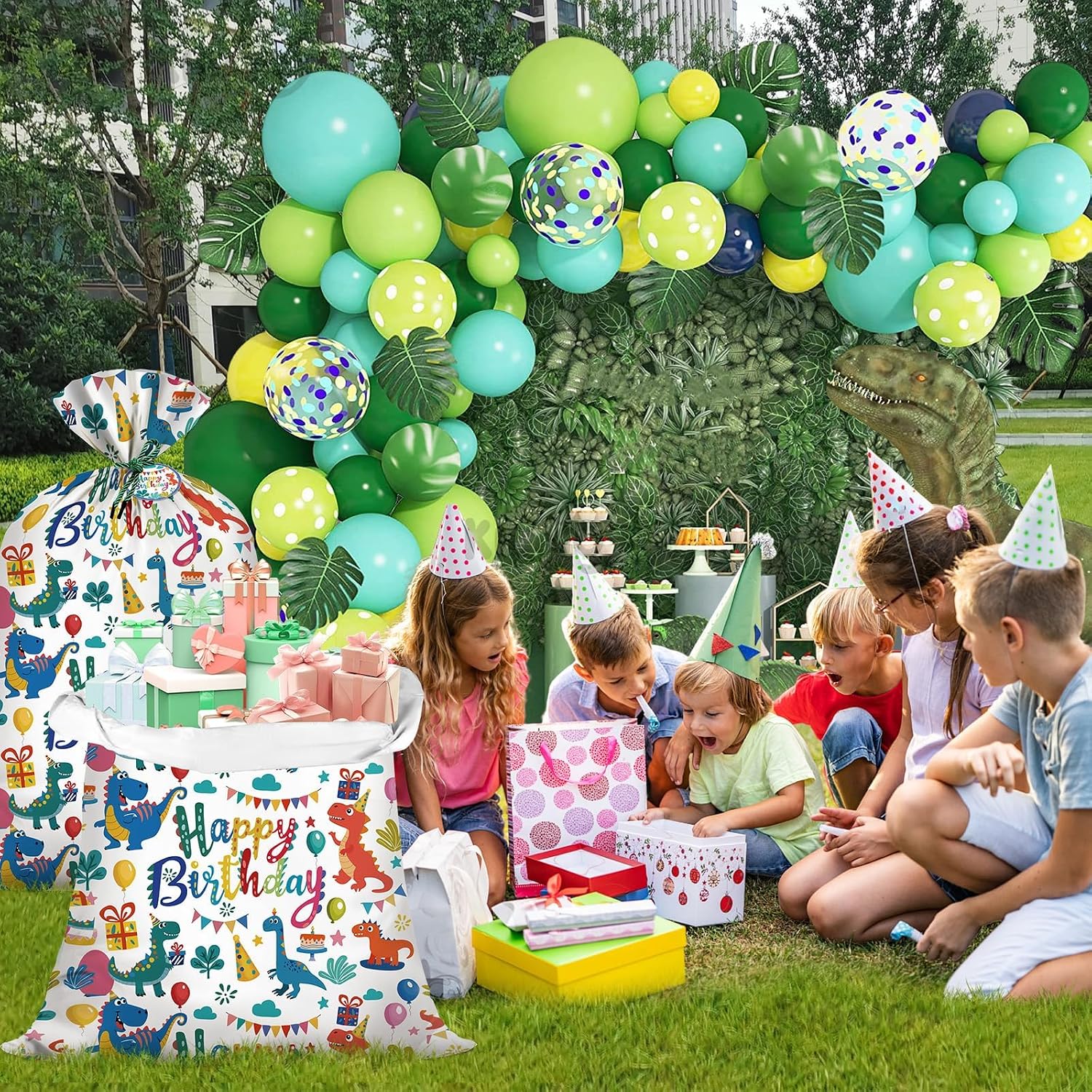 Extra Large Dinosaur Birthday Gift Bag Boys 36x56 Inch Jumbo Plastic Gift Bags XL Colorful Dino-Themed Kids Happy Birthday Pary Favors Decorations
