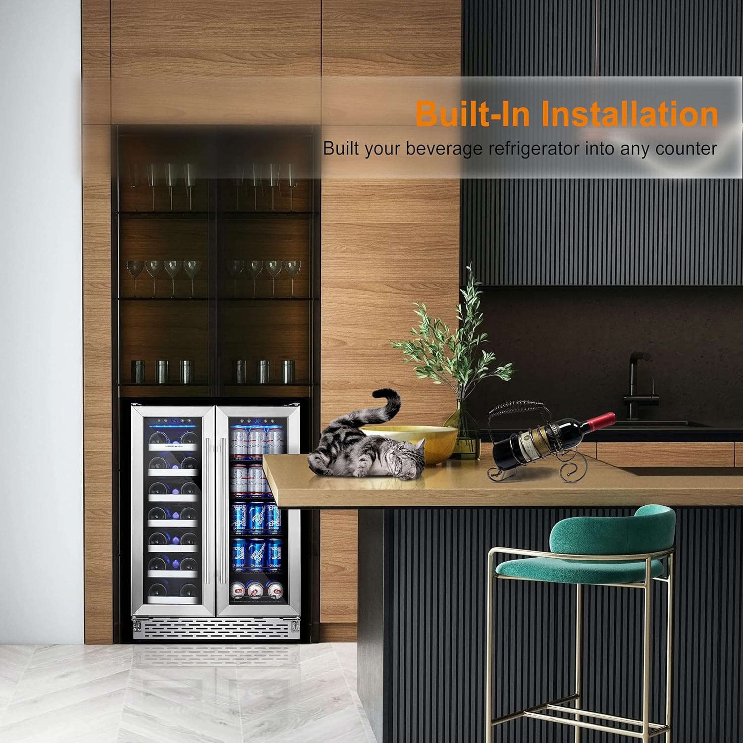 Phiestina Beverage Refrigerator, 24 Inch Wine and Beverage Fridge, Under Counter Wine Cooler- 20 Bottles & 78 Cans, Built-in/Freestanding Dual Zone with Glass Door