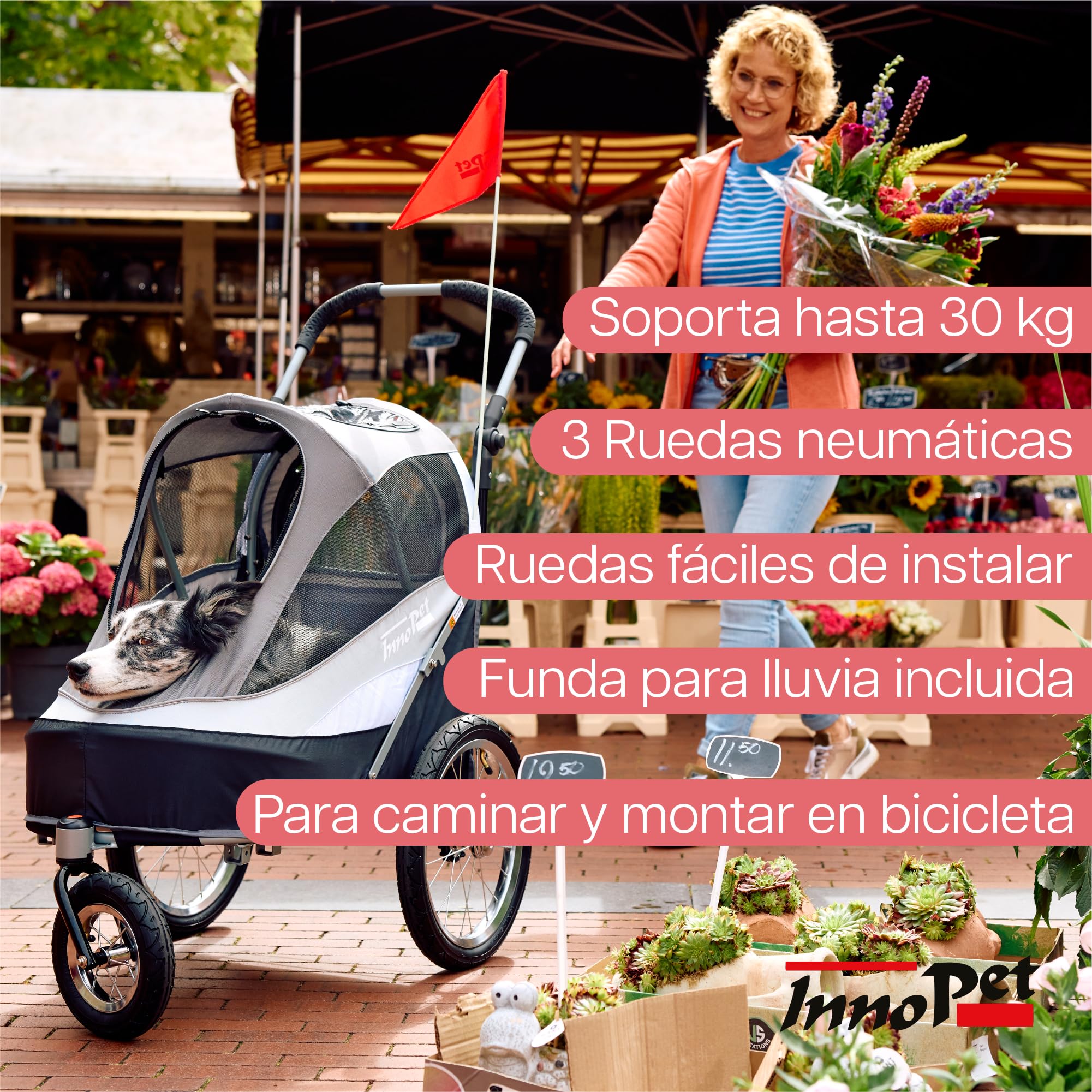 Innopet Sporty Deluxe negro/plata - 2 en 1 carrito y remolque para perros hasta 30kg, con barra para bici, reflectores, bandera y bolsillo de almacenamiento