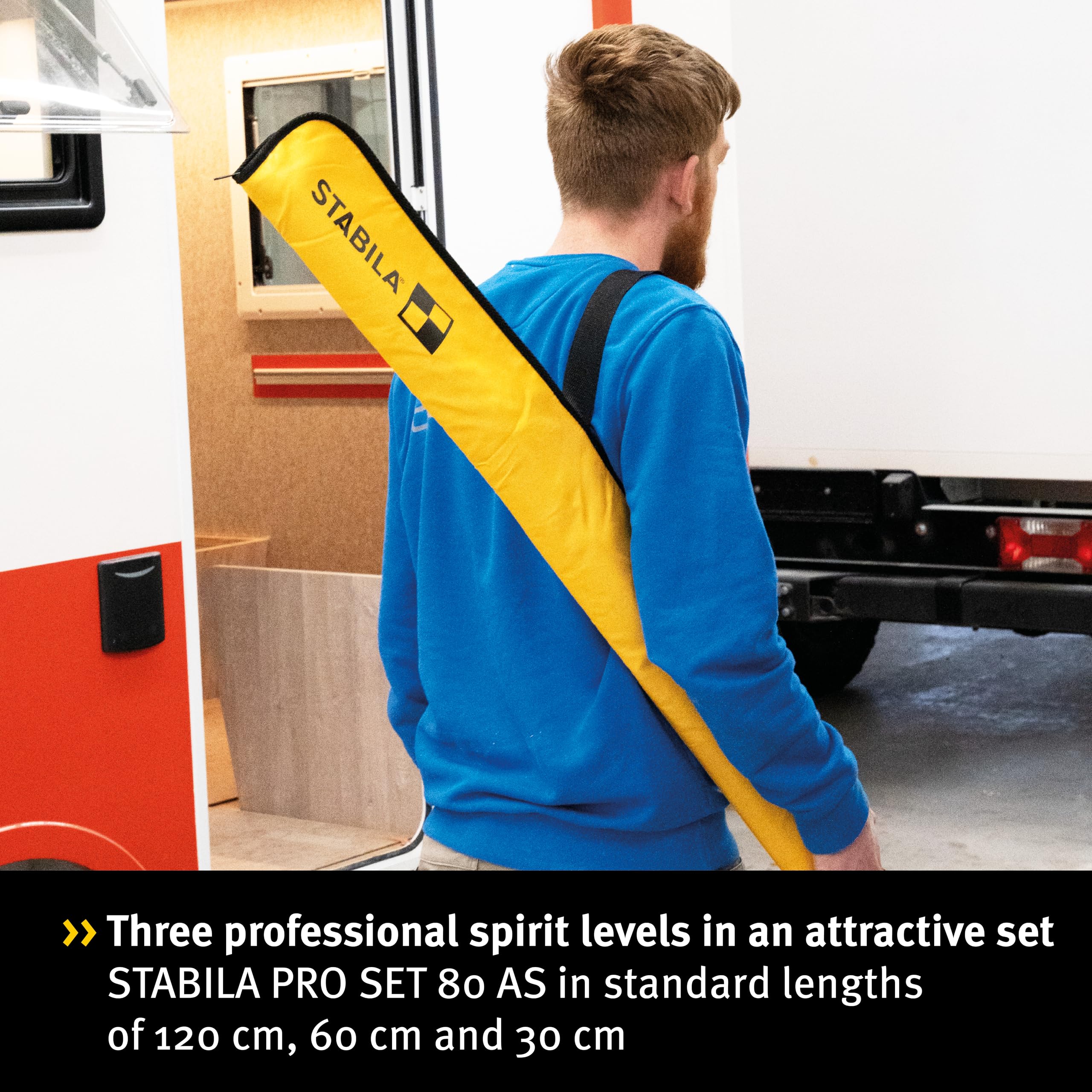 STABILA PRO SET 80 AS, 4-częściowy zestaw poziomicy: 120 cm / 60 cm / 30 cm/torba, wzmocniony profil aluminiowy, zintegrowane stopery antypoślizgowe, Made in Germany, żółty