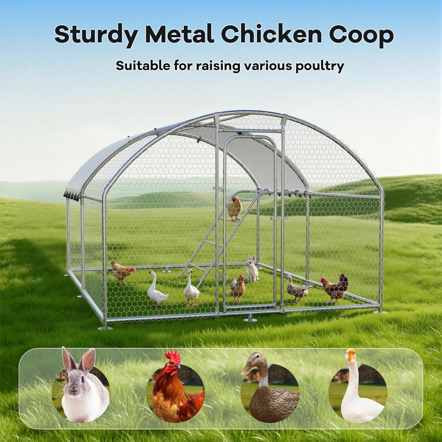 Large Metal Chicken Coop Walk-in Poultry Cage with Waterproof Roosting Perch and UV-Resistant Cover, Outdoor Chicken Run Poultry Hen House for Backyard Farm Use,Dome Roof(10’ W x 13.2’ L x 6.4’ H)