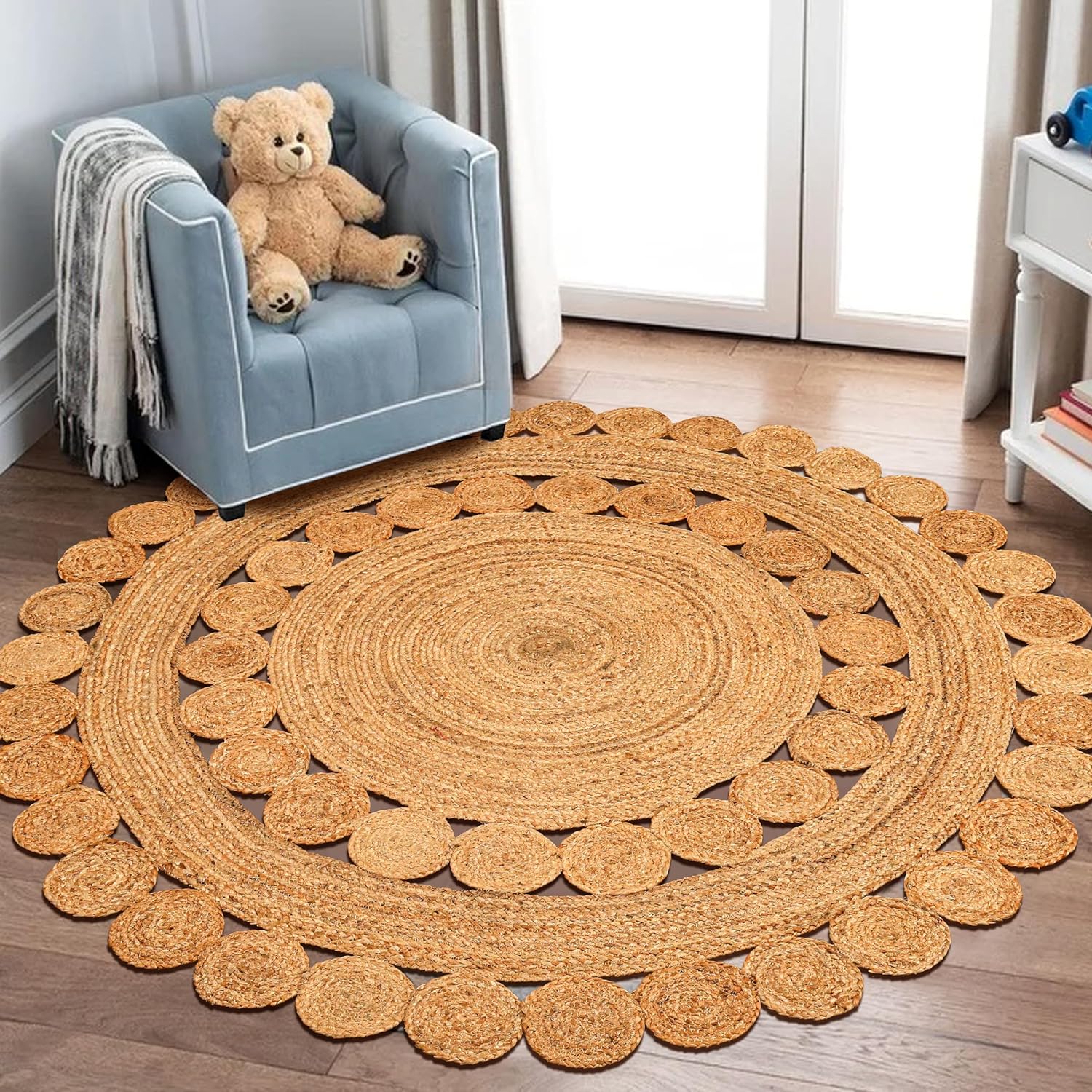 Hand Woven Braided Jute Rug - 4' Round - Reversible Farmhouse Dining Room Rug, Living Room, Bedroom, Kitchen - Natural Decorative Floor Circle Boho Entry Area Rugs - 4 Foot Round Rug
