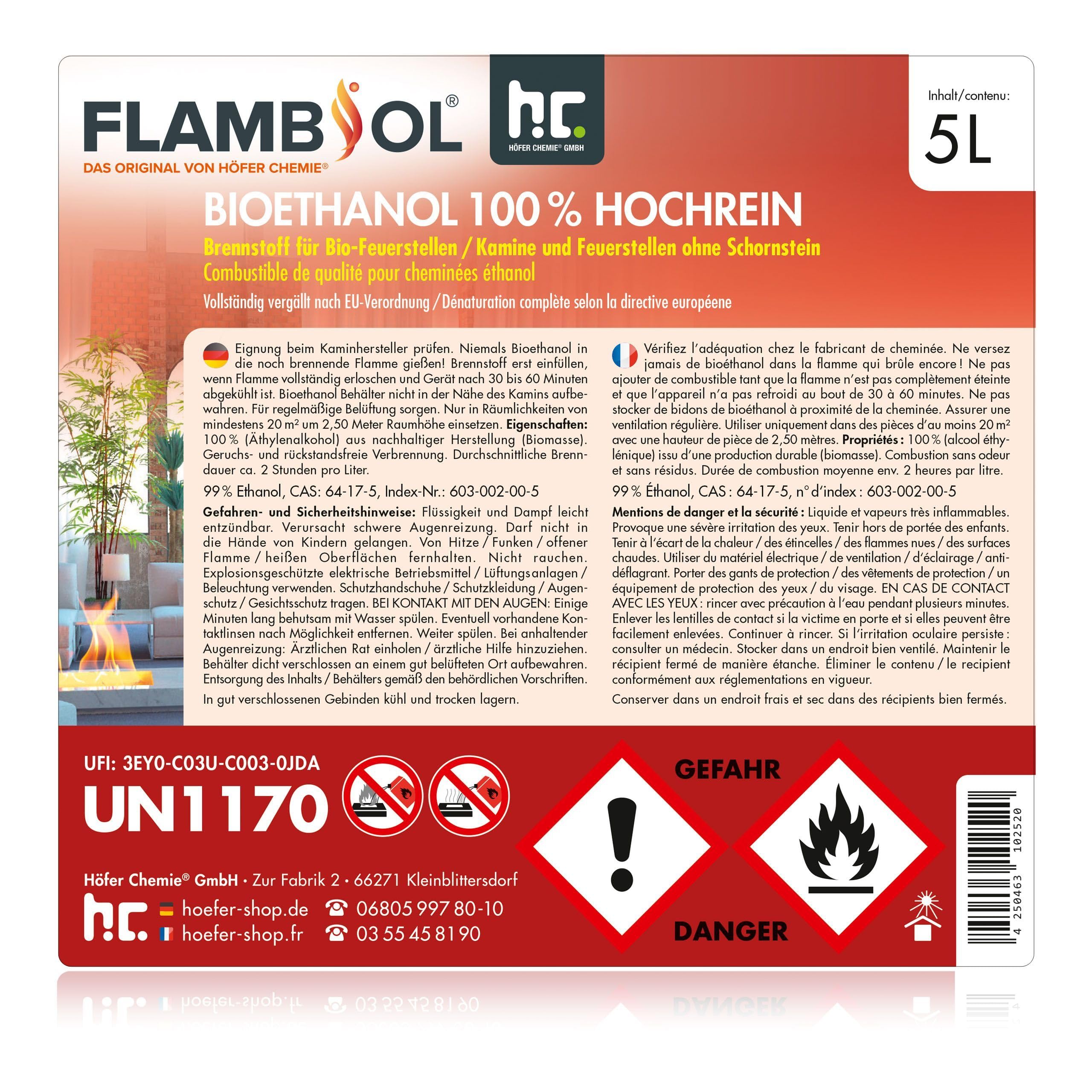 Höfer Chemie 20 L FLAMBIOL® Bioéthanol 99,9% Premium pour cheminée à l'éthanol, feu de Table à l'éthanol et cheminée au bioéthanol (4 x 5 L)
