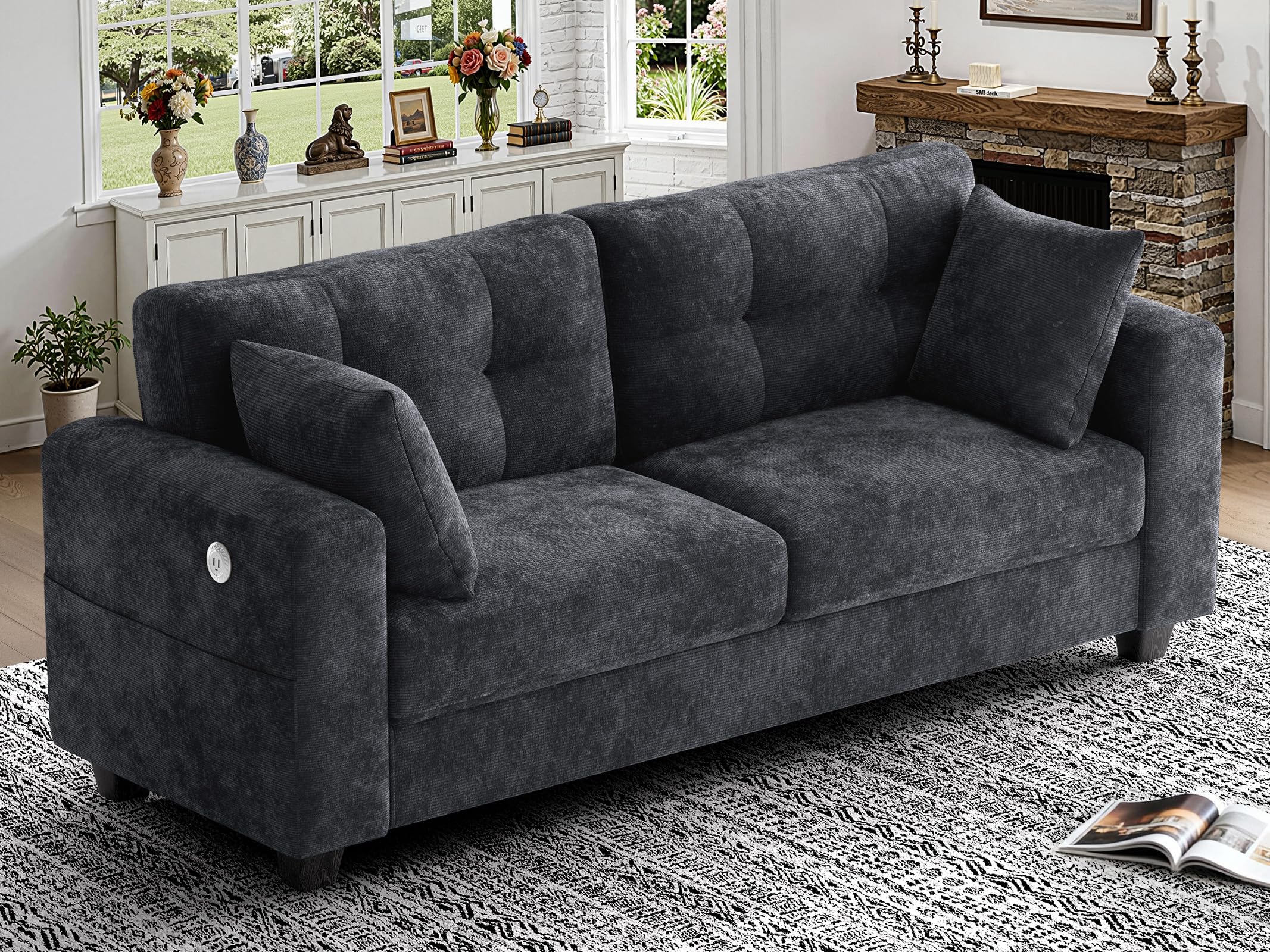 Loveseat Sofa for Living Room,Modern Couch with Removable Chenille Covers,Wide Armrests,Side Pockets,USB/Type-C Charging Ports,Easy Assembly (70 inch,Grey)