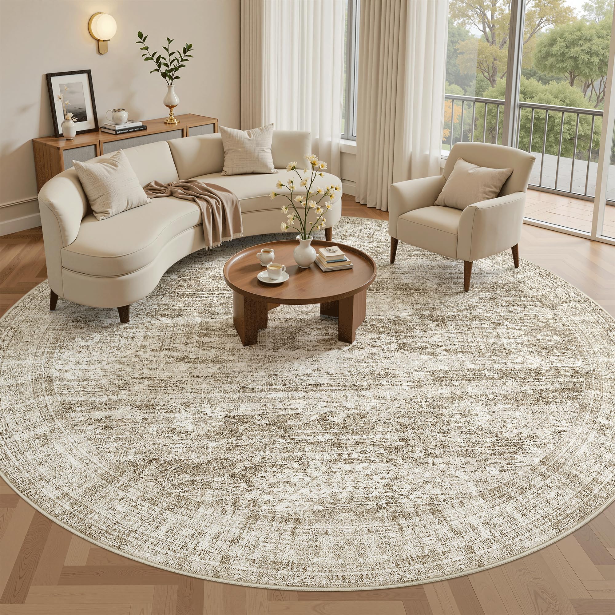Photo 1 of Soalmost 8x8 Brown Round Rug 8ft Living Room Circle Rug Vintage Round Area Rug Non Slip Indoor Carpet for Apartment