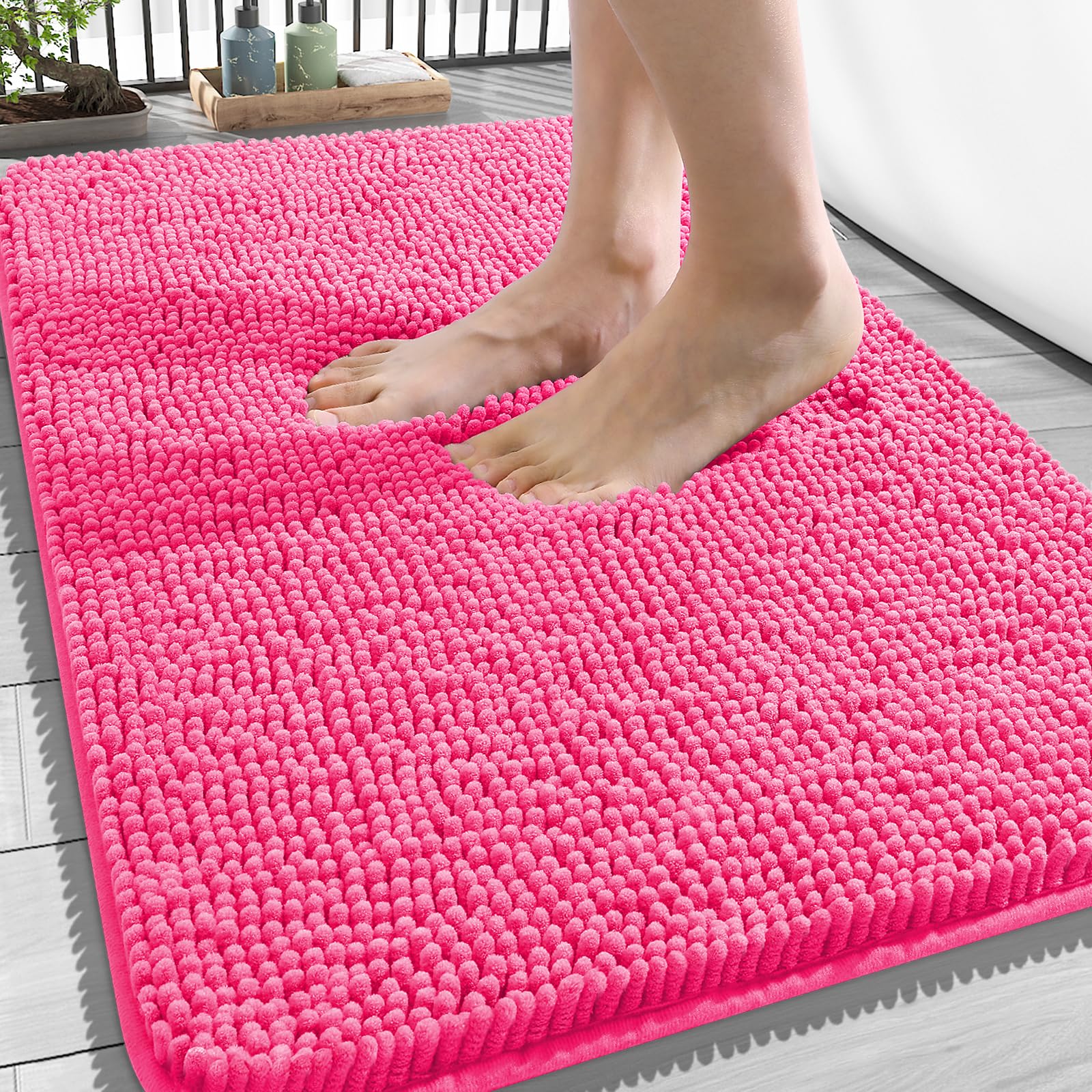 OLANLY Bathroom Rugs 34x21, Extra Soft Absorbent Chenille Bath Rugs | Hot Pink, Quick-Drying Rubber Backing, Machine Washable Bath Mat for Bathroom Floor, Tub and Shower, Home Decor Accessories