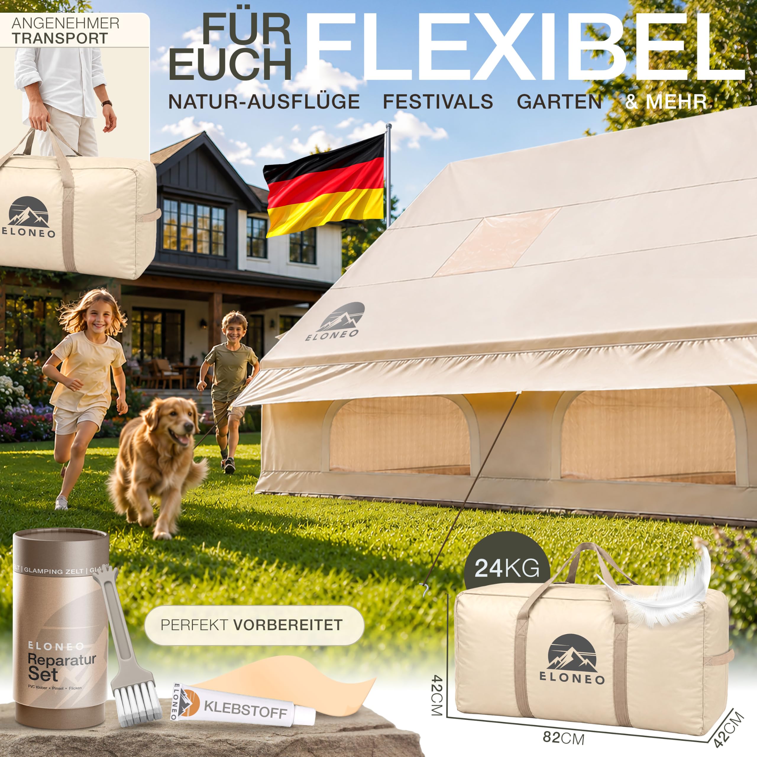 ELONEO aufblasbares Zelt für 2/4/6/8 Personen mit Dachfenster & Luftpumpe, Premium Glamping Zelt wasserdicht, Luftzelt, Inflatable Tent, Camping Zelt