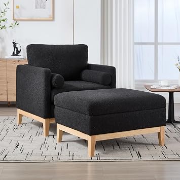 35.4 "Wide Modern Accent Chair with Storage Bench, Boucle Upholstered Reading Armchair with Two Bolster Pillows, Single Sofa Chair and Ottoman Set for Living Room Bedroom Club Lounge, Black + Natural