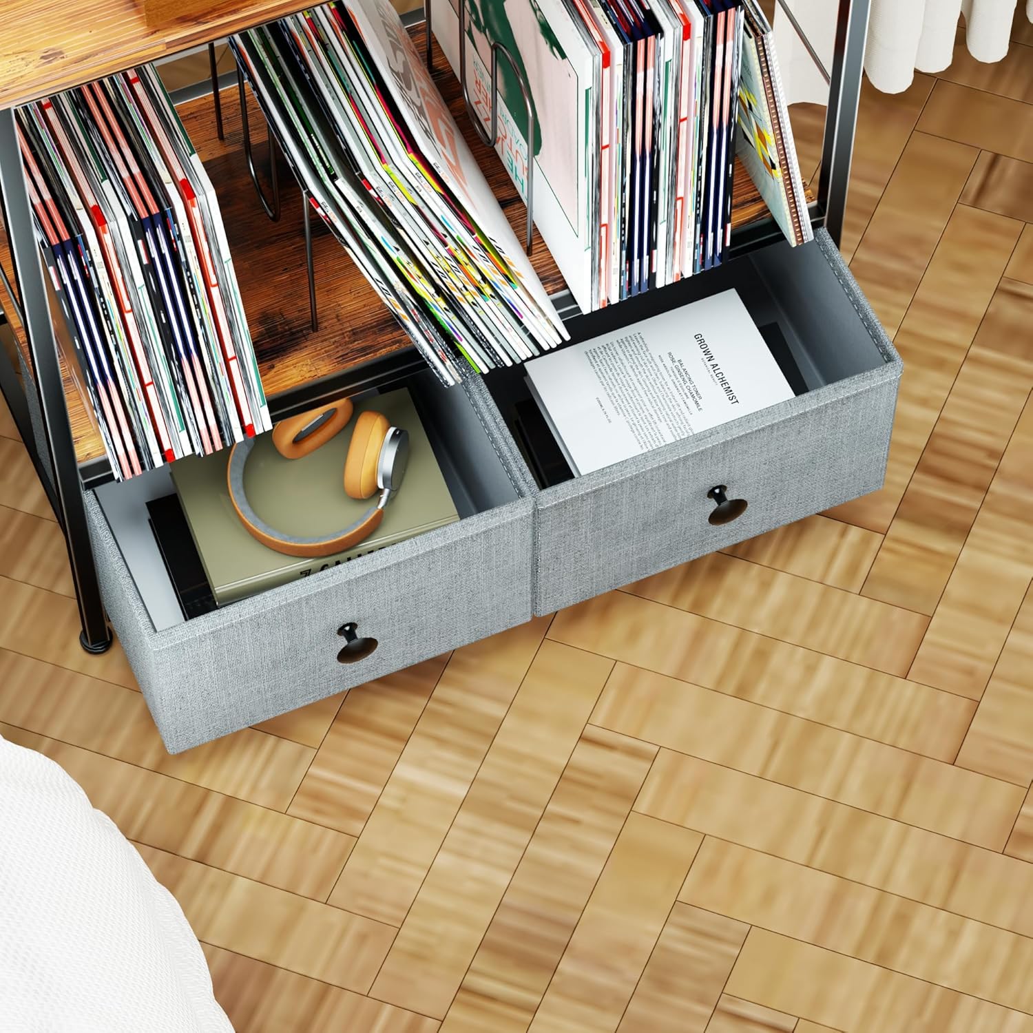 DALEMHOME Record Player Stand with Vinyl Storage, 2-Tier Record Shelf Table with Fabric Drawer, Holds Up to 110 Vinyl Records, Record Player Table for Turntable and Albums, 23.62"D × 11.81" W× 25.59"H