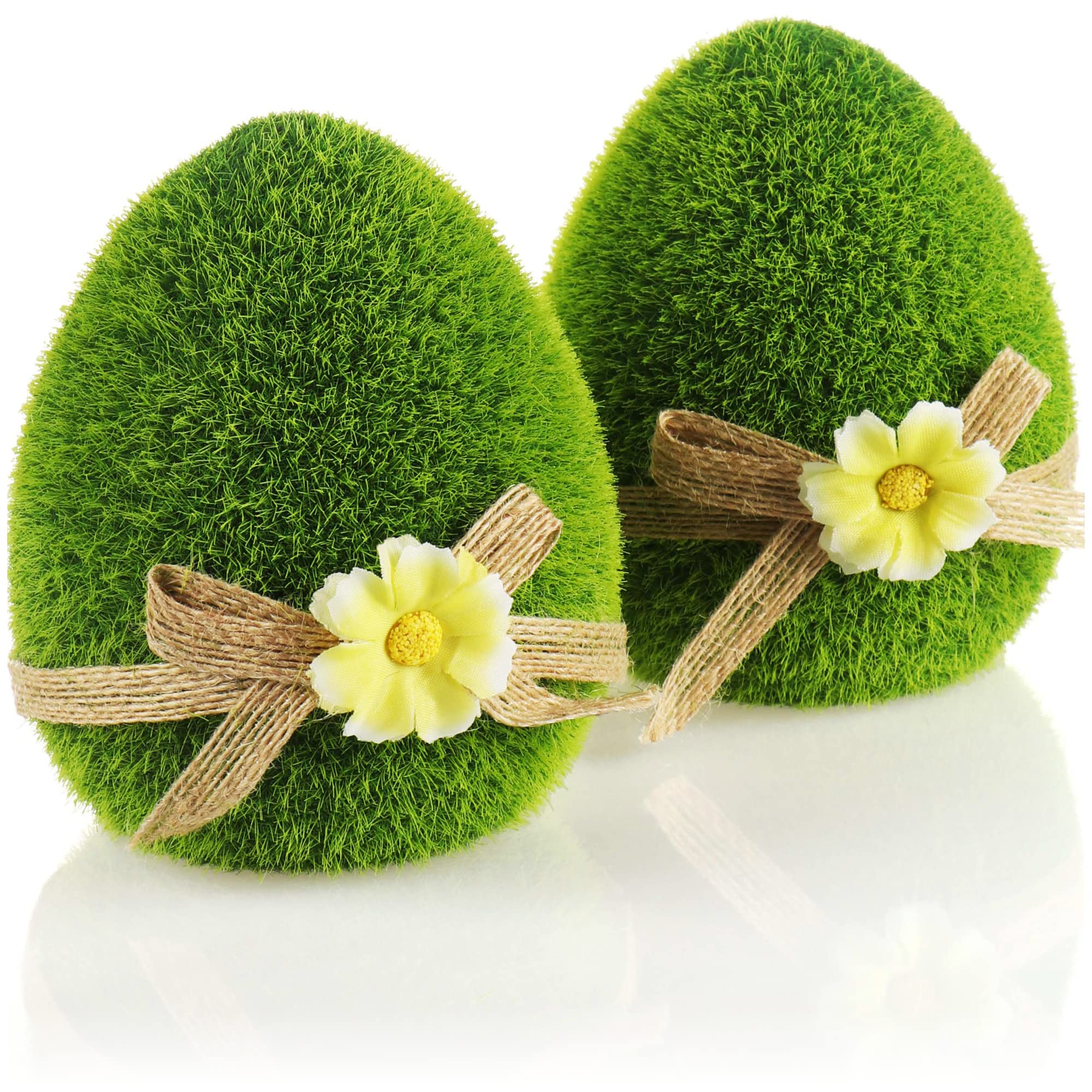 com-four® 2x decorative figures - Easter egg with bow and flowers - green decorative figures for spring - ceramic eggs covered with artificial grass - Easter decorations (2 x egg - 11cm)