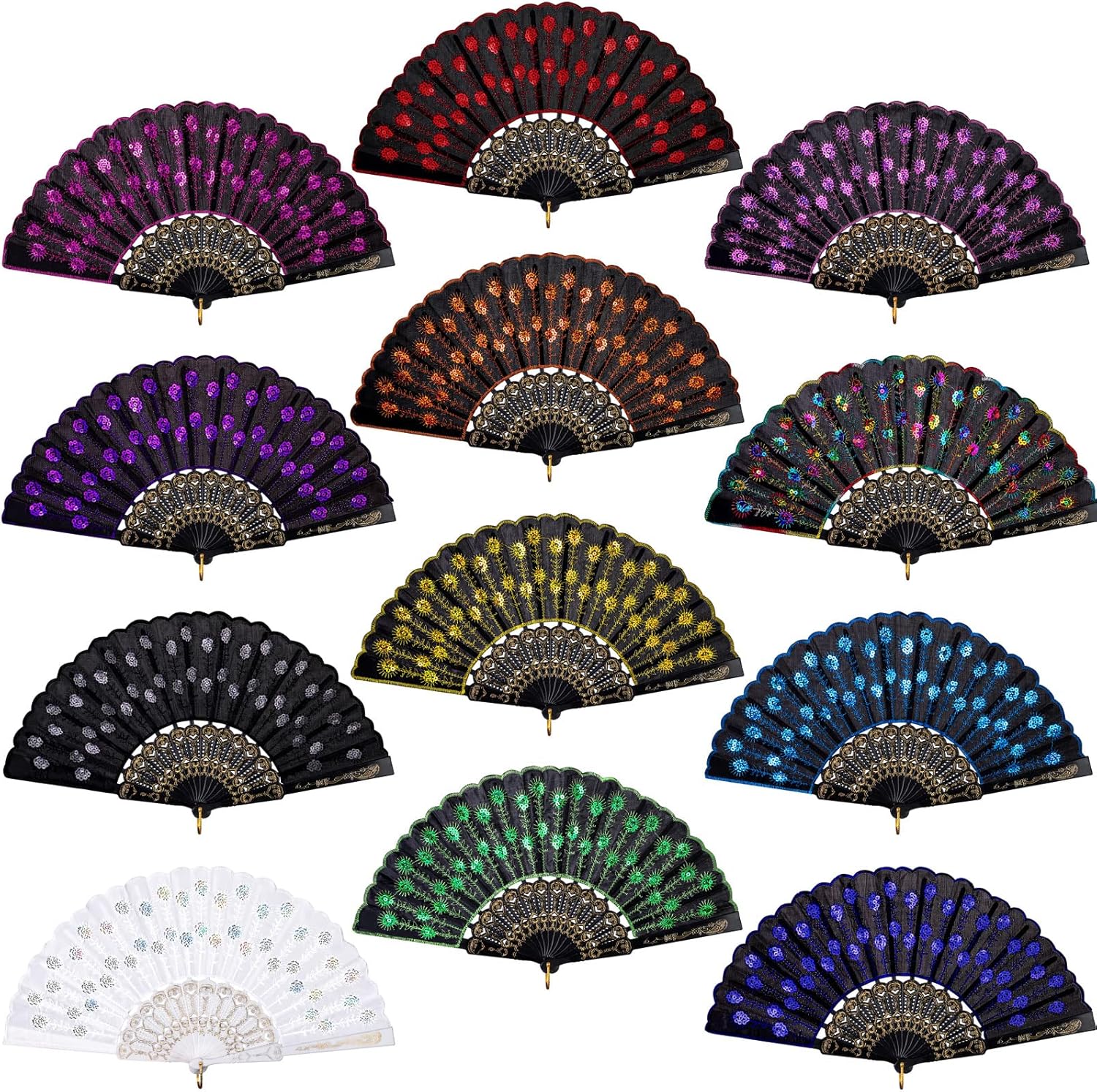 durony 12 Pieces Sequin Fabric Folding Fans Peacock Hand Fans Flower Lace Fans Handheld Folding Fans for Women, Multicolor