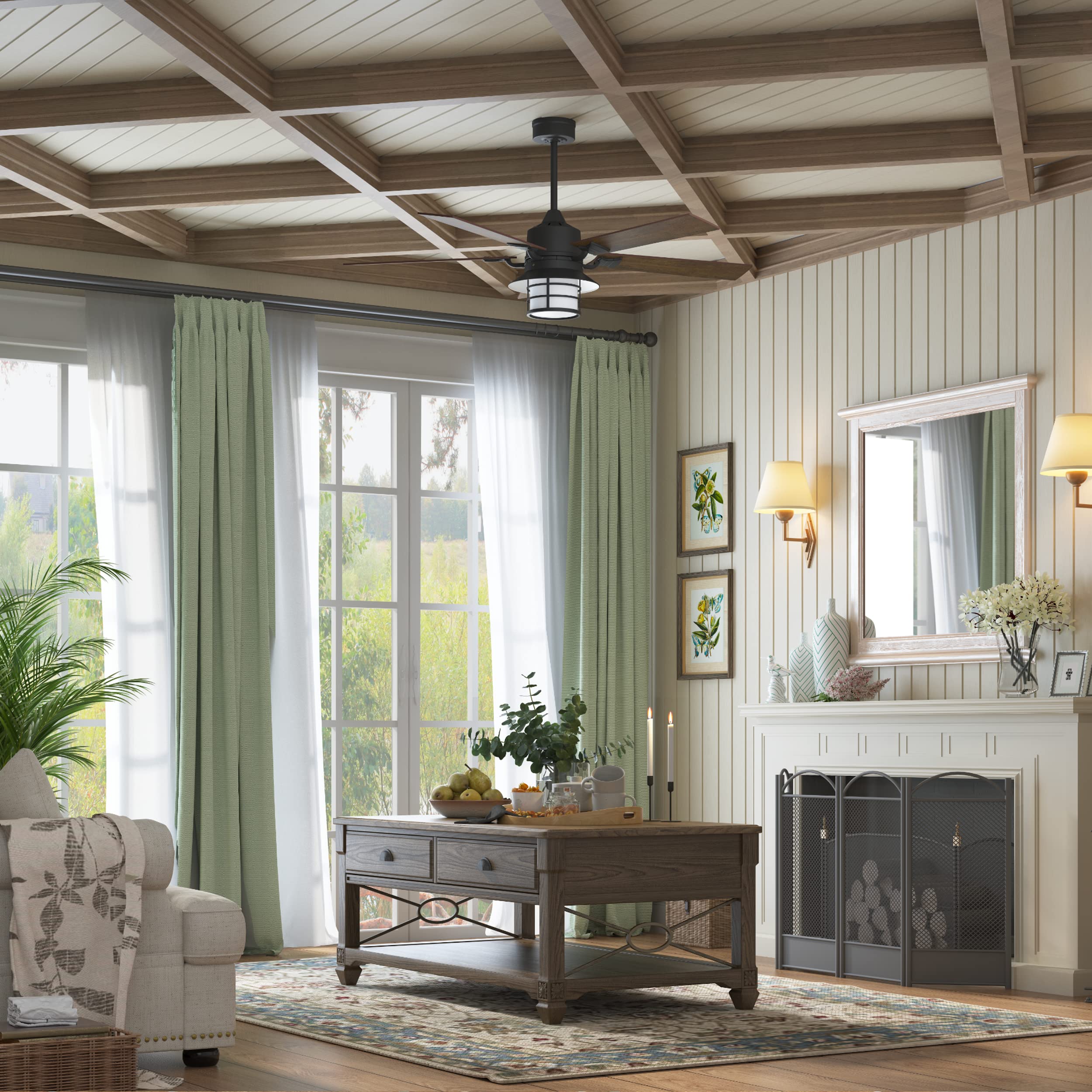 Inlight 52'' Integrated LED Indoor Ceiling Fan with Light Kit and Wall Control, Downrod Mount, Stain Black Reversible Motor, 5 Plywood Blades in Dark Oak Finish, IN-0703-2-BK