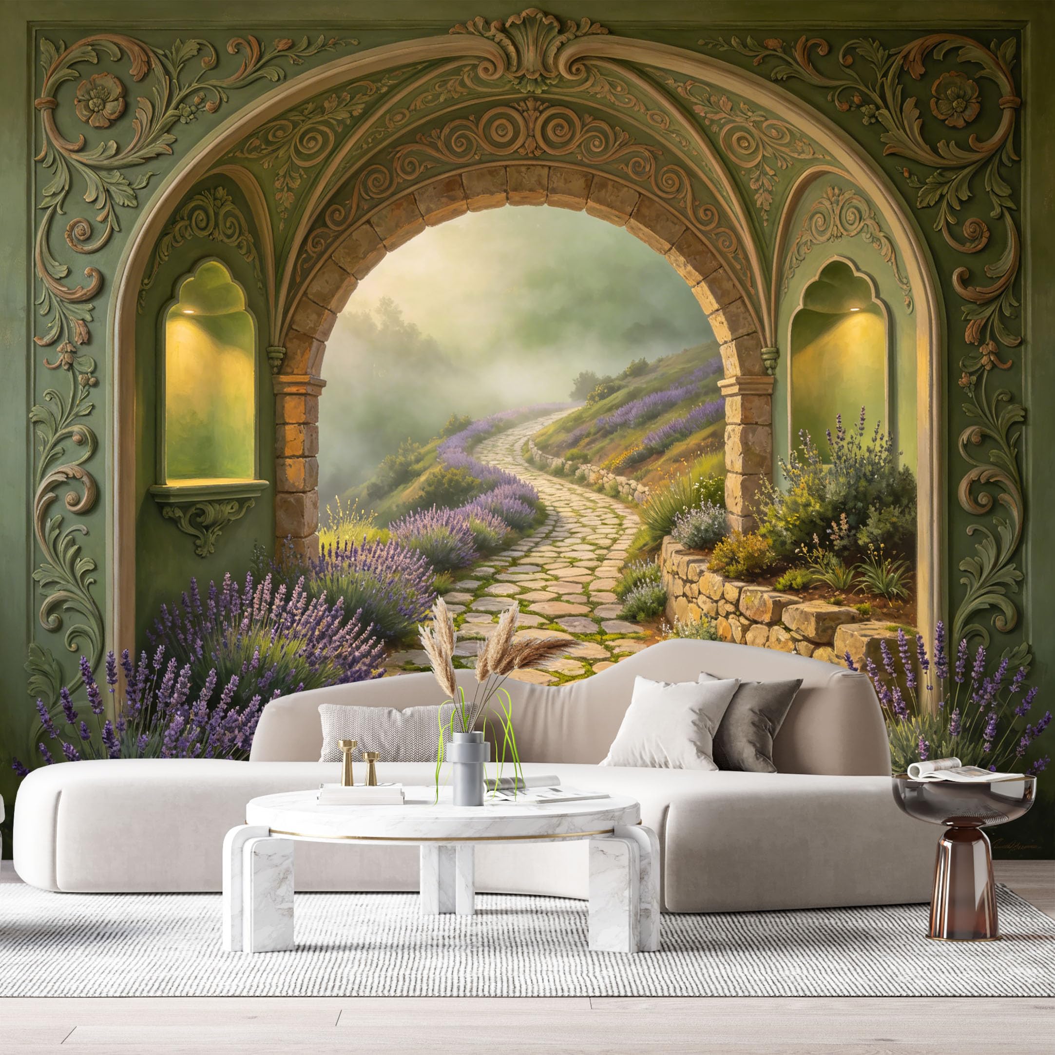 Custom Size Wall Murals Fantasy Archway Lavender Landscape Misty Countryside 3D Trompe L'Oeil SelfAdhesiveWall Fabric Removable Wallpaper Wall Decor for Living Room Bedroom Bathroom