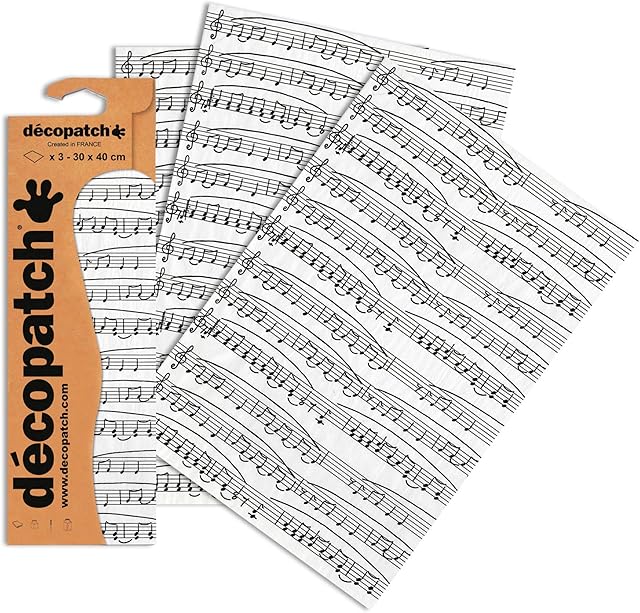 Décopatch - Ref C468O - Music Notes Paper Paper Pack - Each Sheet 30 x 40cm, Pack of 3 Paper Sheets - Best Used With Décopach Glue & Varnish, Black & WHite