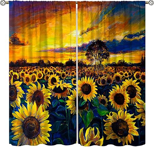 Cortinas de girasol, pintura al óleo, puesta de sol, campo de girasol, arte, dormitorio, sala de estar, guardería, ventana, cortinas decorativas, 42