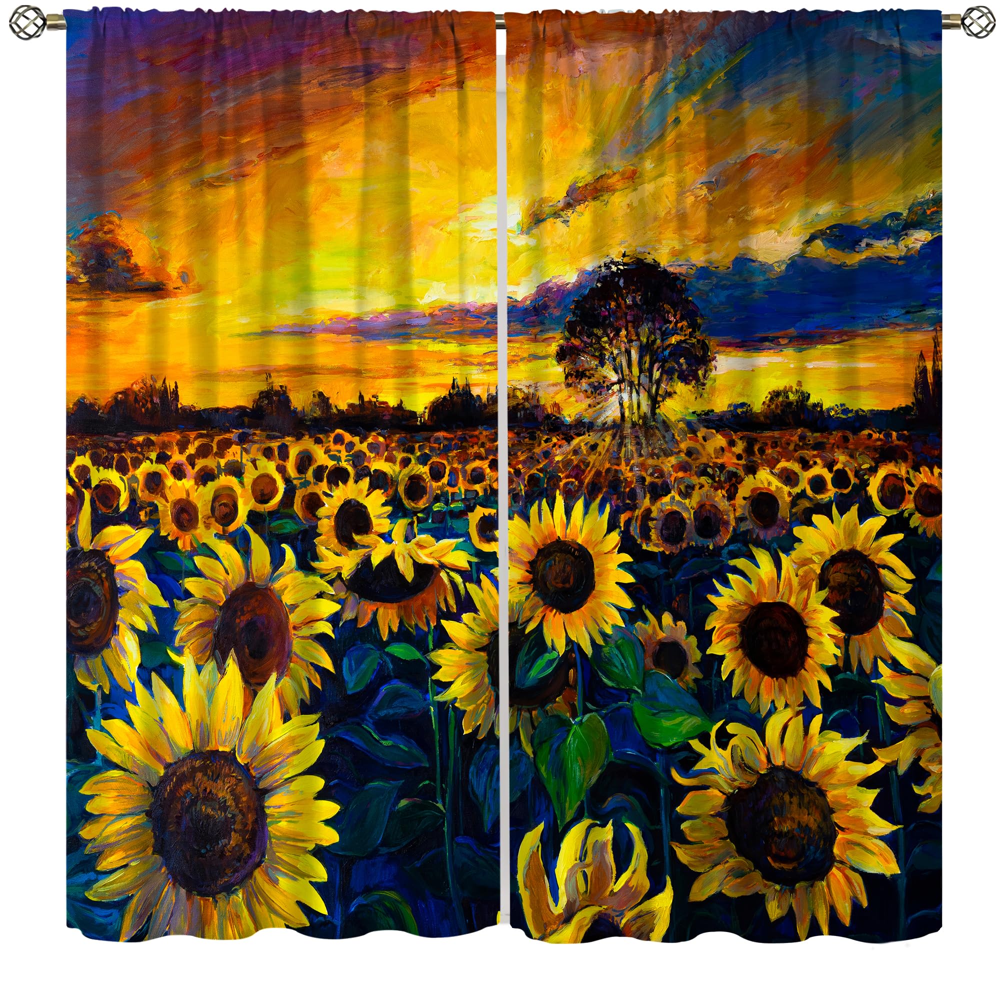 Sunflower Curtains, Oil Painting Sunset Sunflower Field Art Bedroom Living Room Nursery Window Decorative Curtains 84x84in