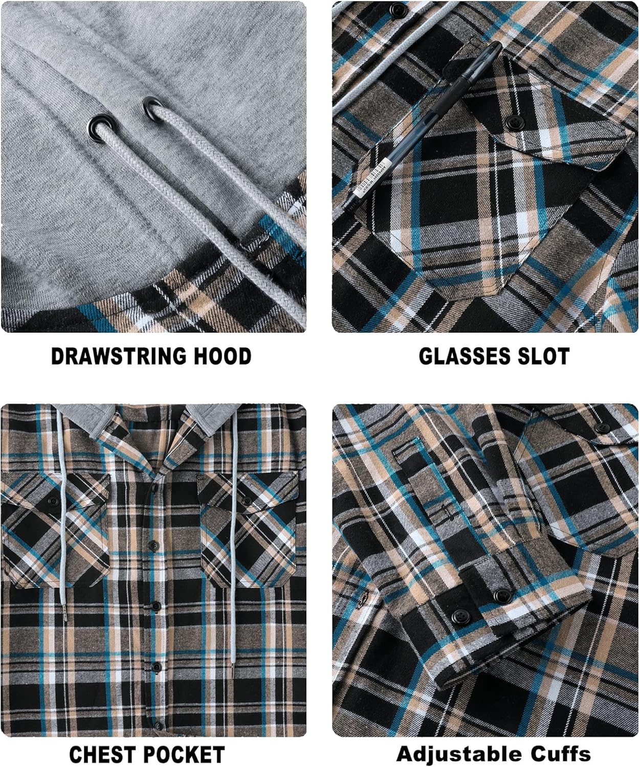 Mens Plaid Button-up Hoodies Loose Fit Long Sleeve Cotton Casual Tops Lightweight Hooded Flannel Shirt with Pockets - Image 4