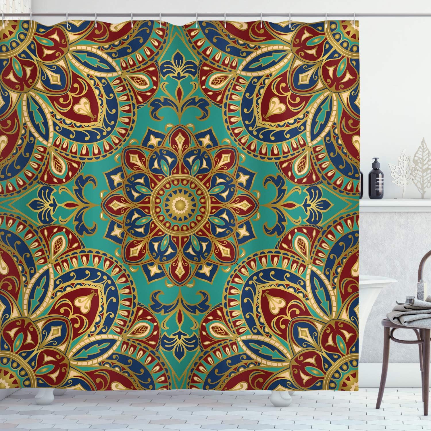 Ambesonne Mandala Shower Curtain, Pattern Style Eastern Medieval Motifs Oriental Ethnic, Cloth Fabric Bathroom Decor Set with Hooks, 69" W x 84" L, Teal Indigo Ruby