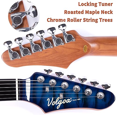 Miniatura 9 de Volgoa VSR-1 - Guitarra eléctrica con cuerpo sólido de caoba cuello de arce tostado y diapasón HPL de 6 cuerdas chapa sintética azul