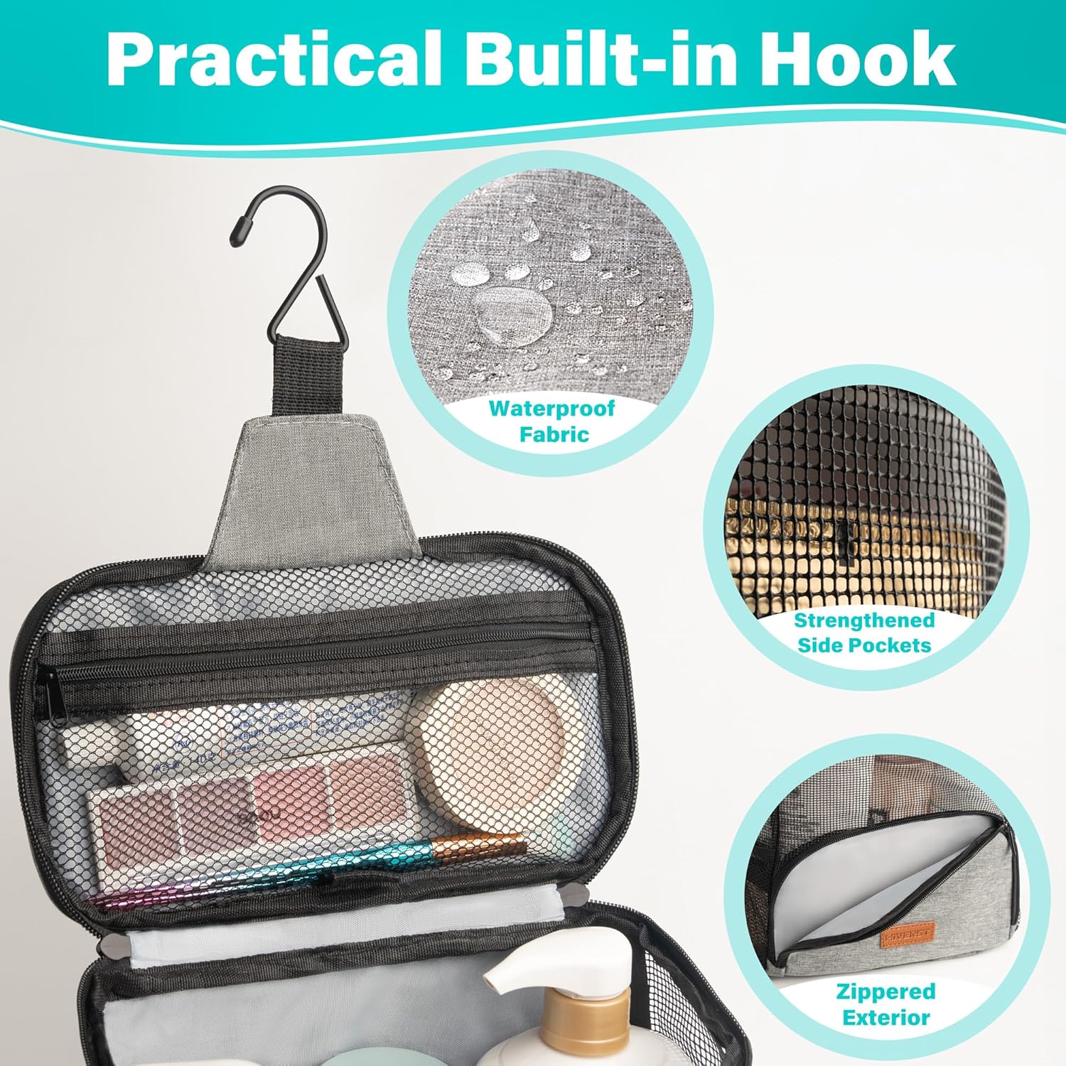 Hanging Toiletry Bag, Shower Caddy Tote Bag (Updated Version, Full Size Bottle Compatible), Bath Organizer for College Dorms, Gym, Camp, Women Men, with Funny Luggage Tag - Image 4