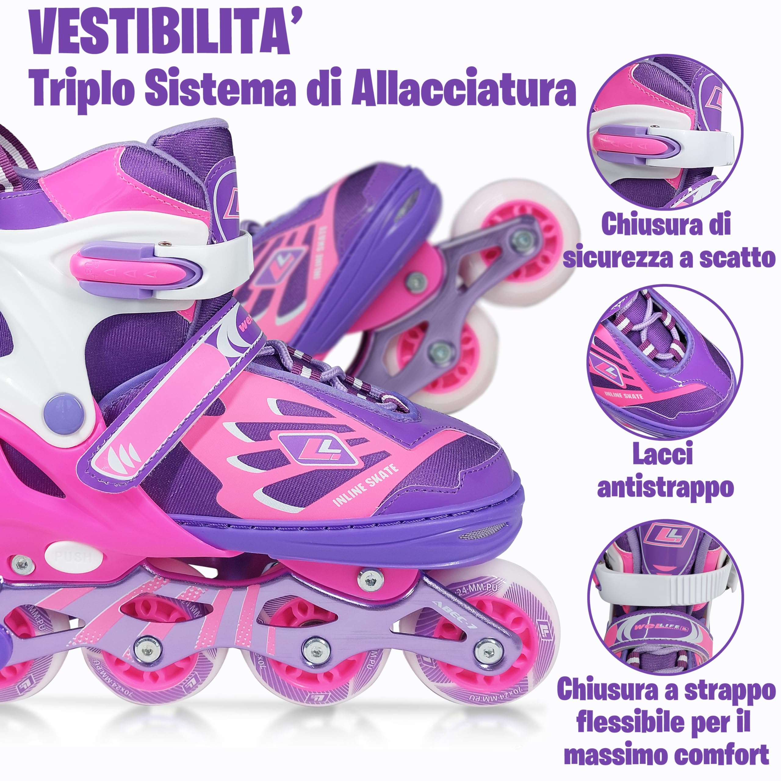 WeLLIFE SK-Line Pattini in Linea Bambini Regolabili 4 Misure con Ruote LED Bianco, Pattini Bambino e Bambina Guscio Rigido Telaio Alluminio Borsa Taglie 29-37