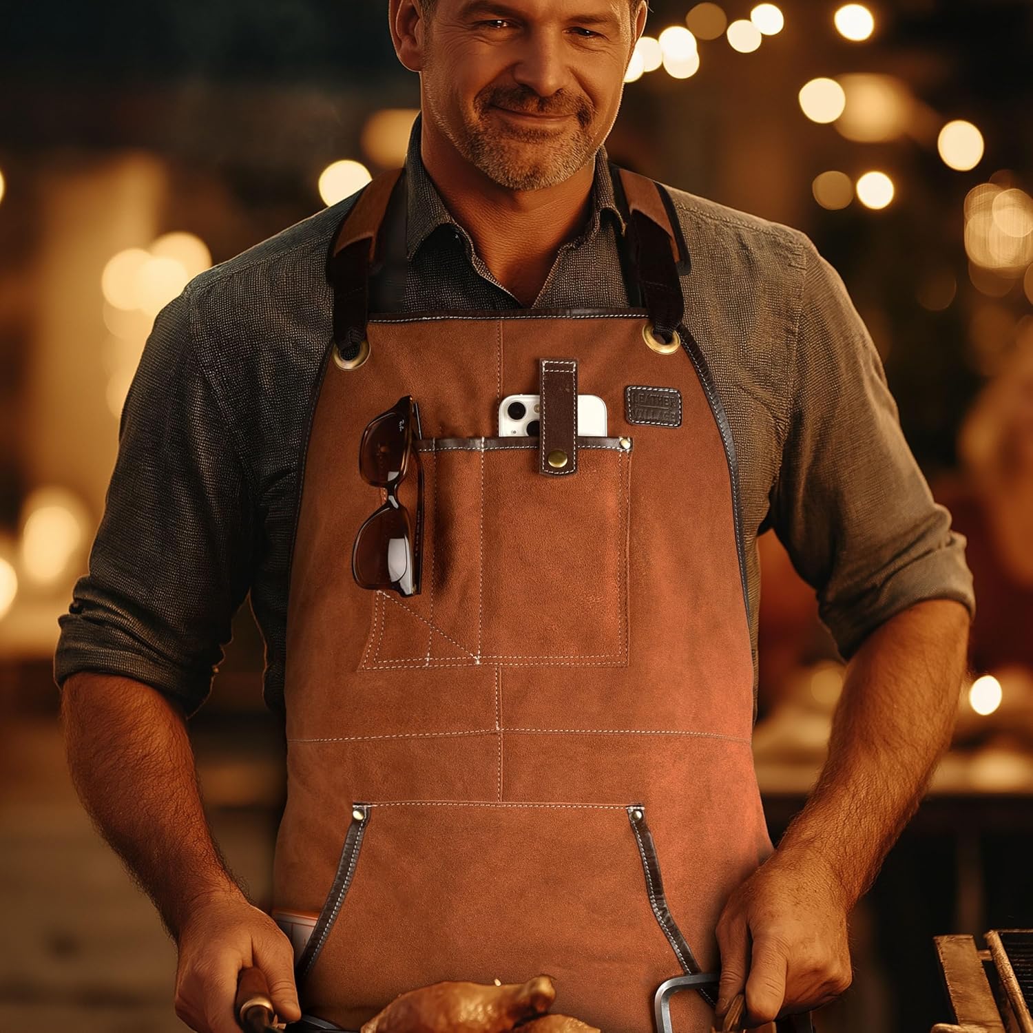 LEATHER VILLAGE Work Apron - Heavy Duty Woodworking Apron for Men with Tool Pockets for Woodworkers, Blacksmiths, Carpenters – Tan Color (Size M to XXL)