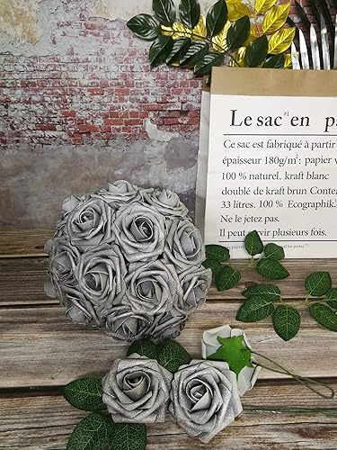 Miniatura 9 de J-Rijzen 50 rosas artificiales de aspecto real verde menta con tallo para ramos de boda, centros de mesa, fiestas, baby shower, decoración del hogar
