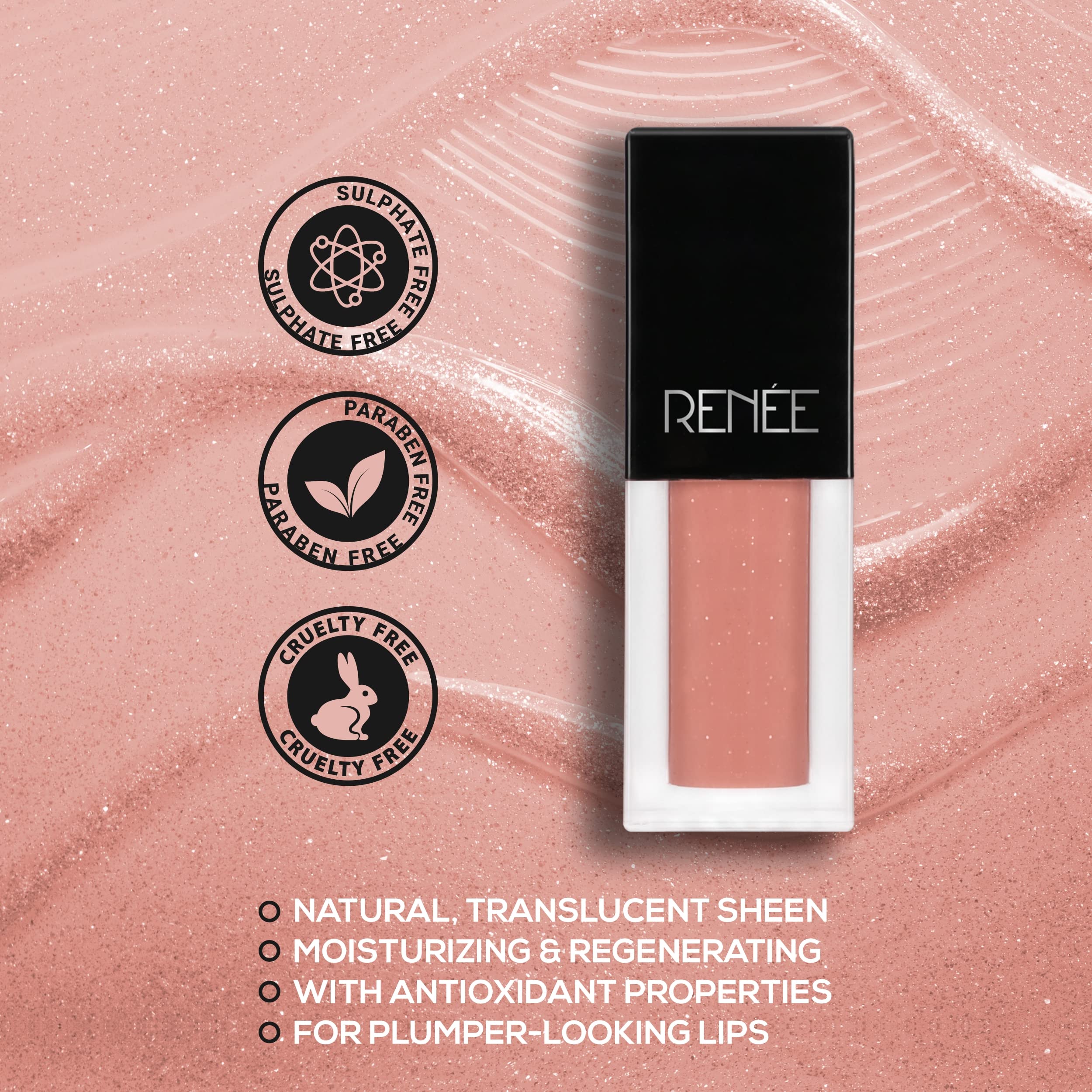 RENEE See Me Shine Lip Gloss - No Show Nude l Long Lasting & Moisturizing Impact l Nourished Finish l Ultra Glossy Feel l Non-Sticky, Hydrating Formula l Infused with Jojoba Oil & Vitamin E l 2.5 ml 2