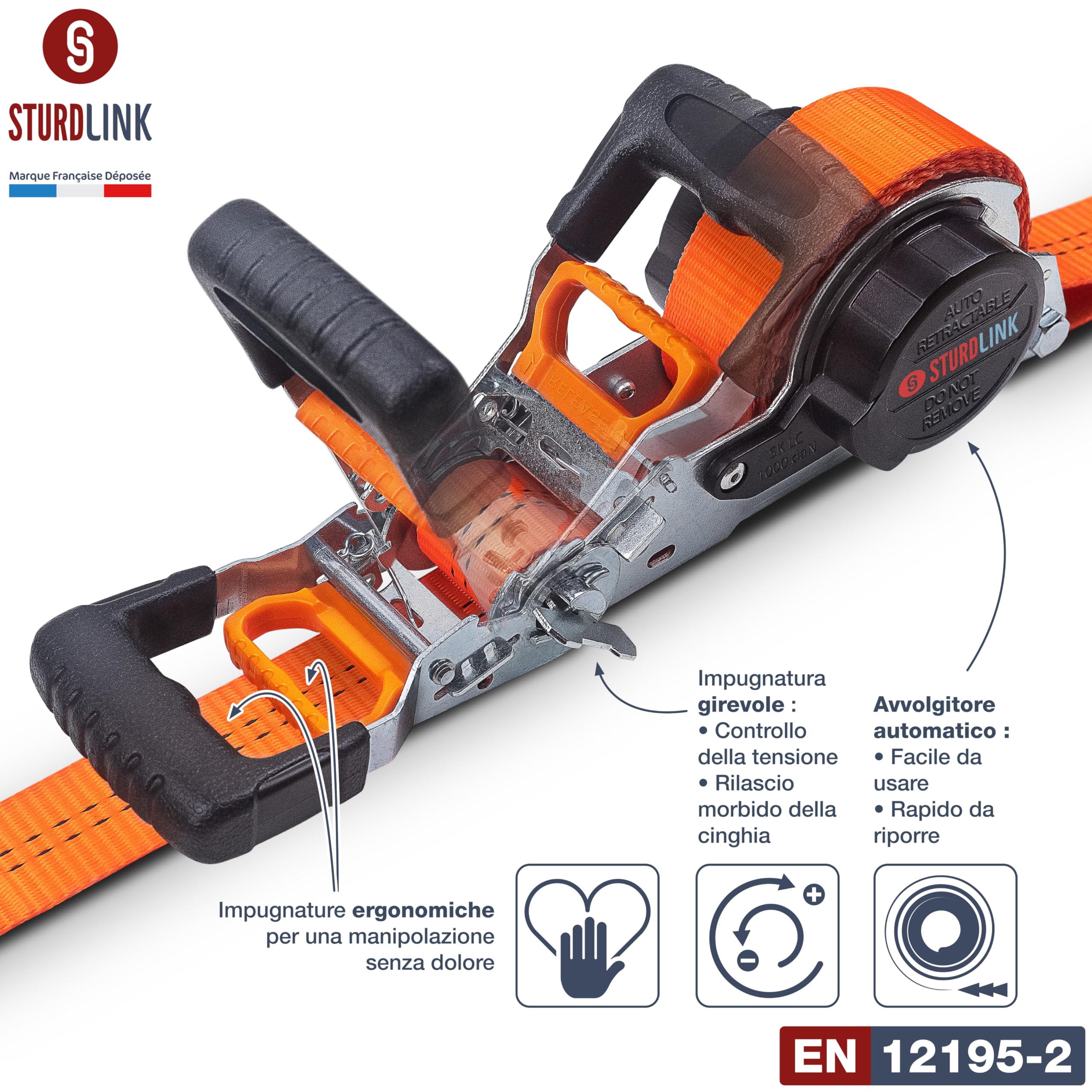 Cinghie a Cricchetto Automatiche con Ganci a J 35mm 5m LC 1000kg/2000kg | Avvolgitore Automatico di Fettuccia | Cinghia Fissaggio per Rimorchio Carrello Moto Quad Barca Trasporto | EN12195-2