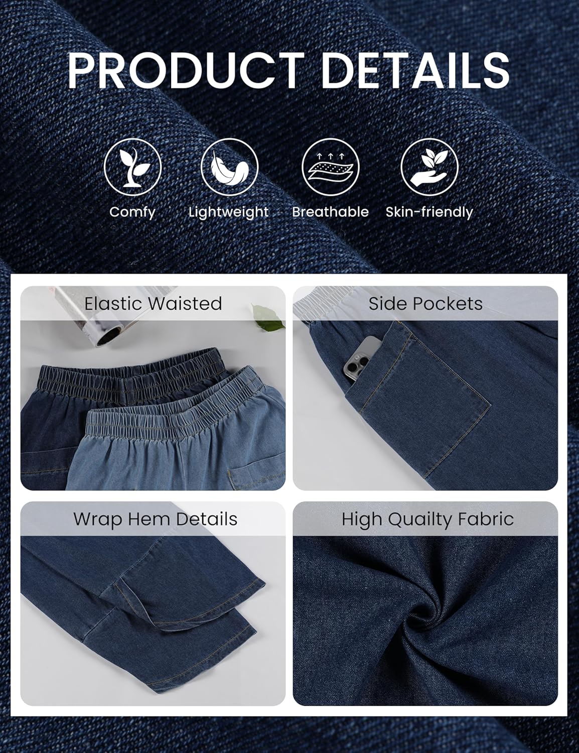Womens Baggy Wide Leg Denim Pants Elastic Waisted Casual Loose Barrel Jeans with Pockets