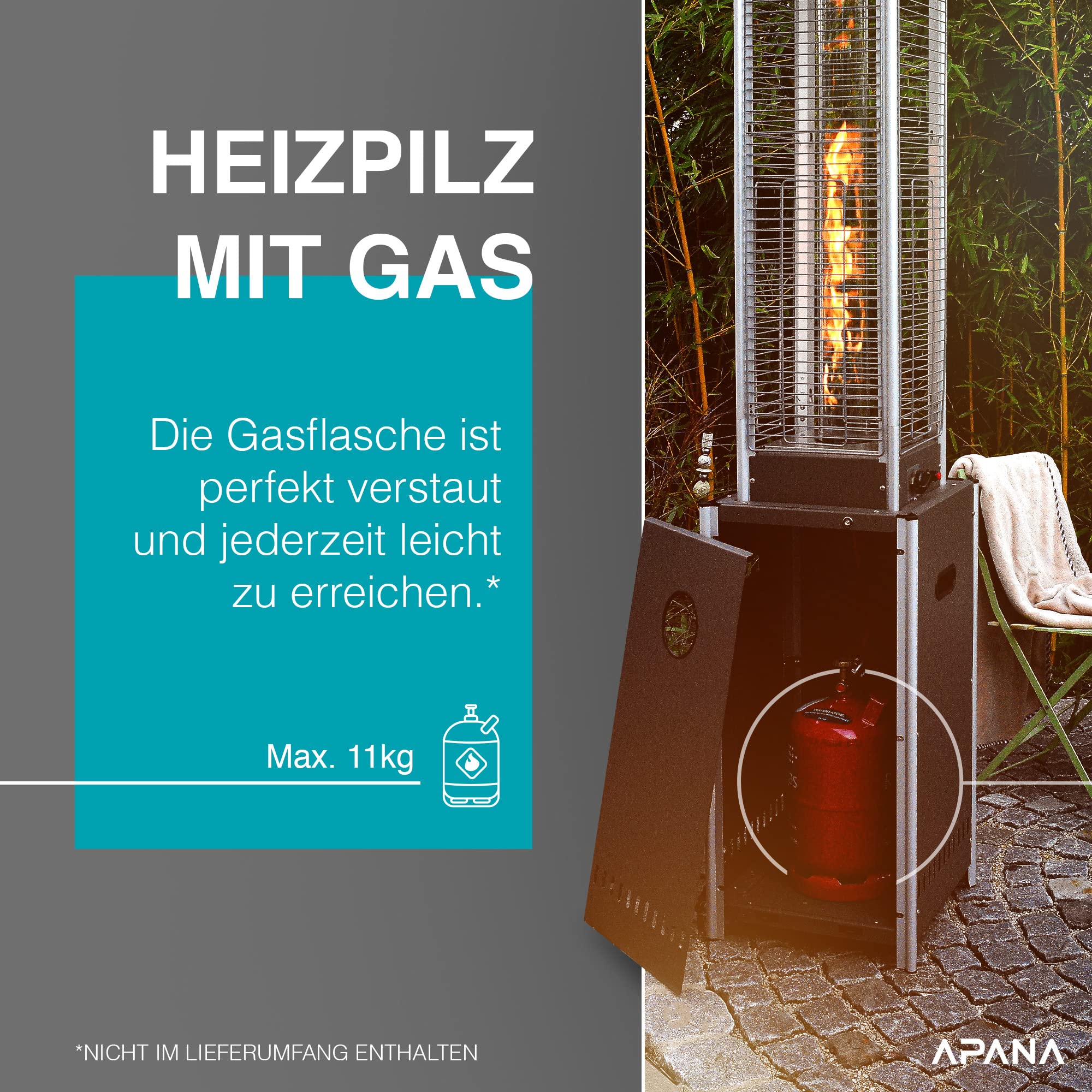 APANA Gasheizer 12,5 kW Bellamente Cristal – Gas Heizpilz in Schwarz mit Transportrollen – Terrassenheizer mit Umkippsicherung & Abschaltautomatik – Outdoor Heizstrahler für Garten & Balkon