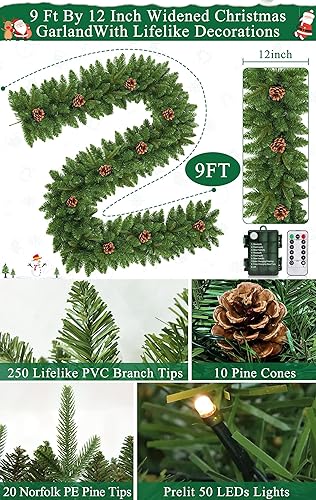 Miniatura 2 de Temporizador y 8 modos guirnalda de Navidad preiluminada de 9 pies y 10 pulgadas, 100 luces LED, 300 puntas gruesas nevadas, 198 bayas rojas, 18