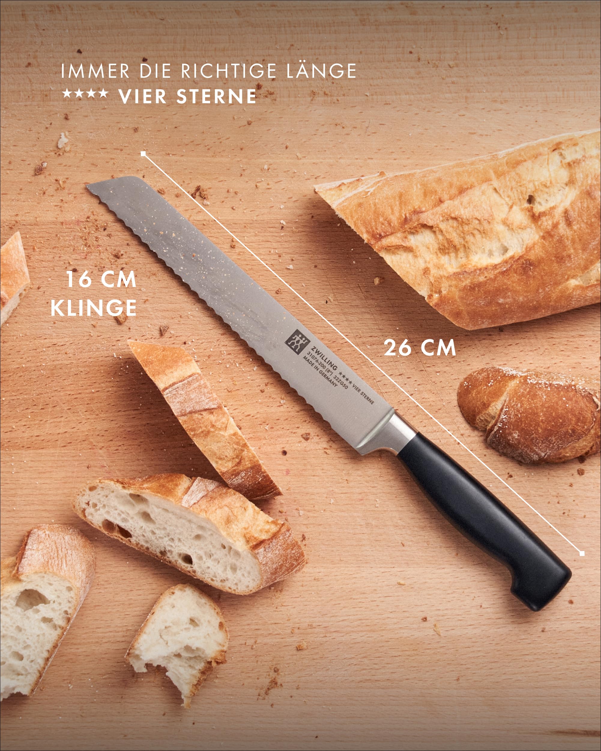 ZWILLING Vier Sterne Brotmesser mit Wellenschliff, 20 cm, Rostfreier Spezialstahl, Made in Germany, Schwarz