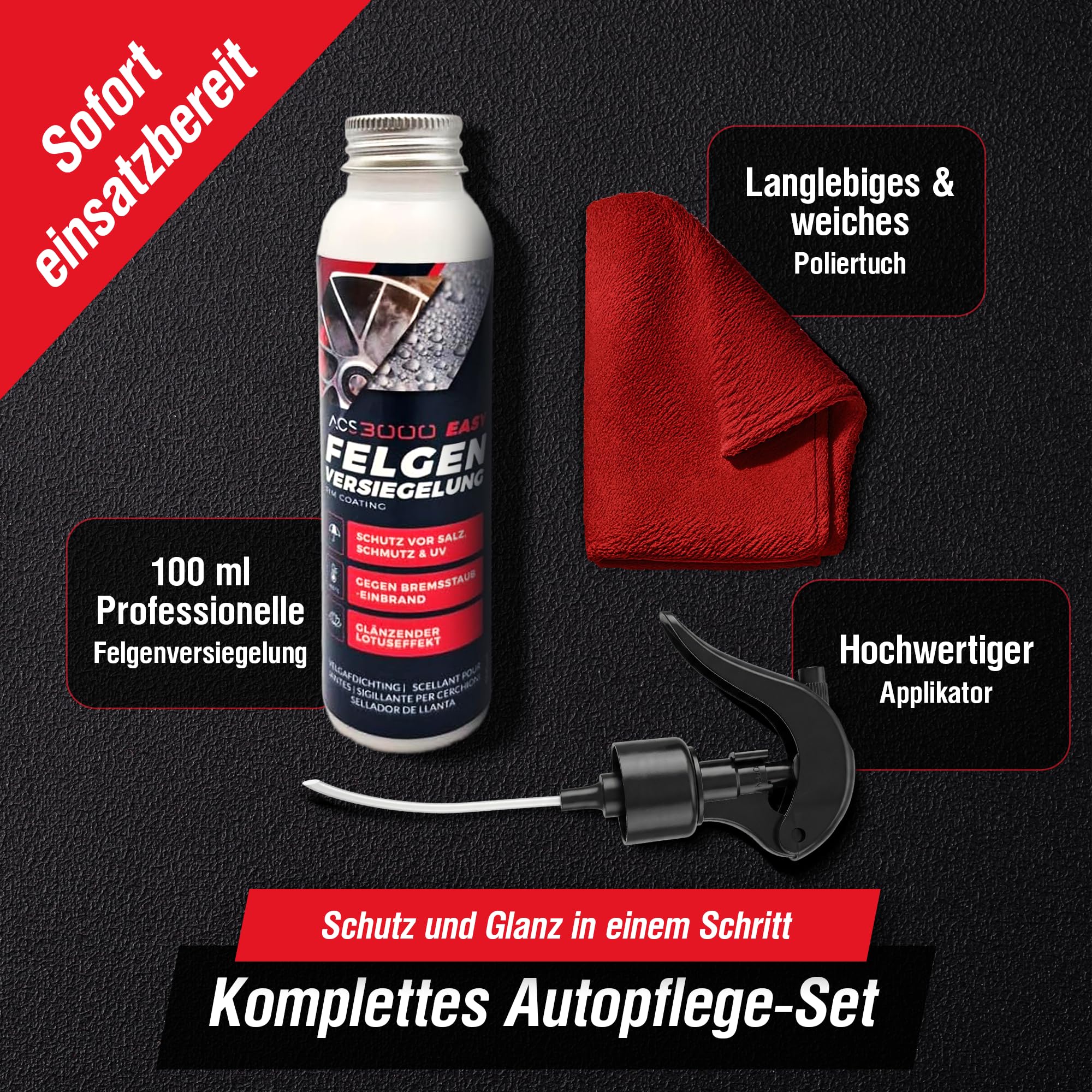 ACS3000 EASY Felgenversiegelung – Keramikbeschichtung für Felgen – Langzeitschutz gegen Bremsstaub, Salz & Schmutz – Hydrophober Lotus-Effekt, Keramik Versiegelung, Schutzversiegelung inkl. Poliertuch