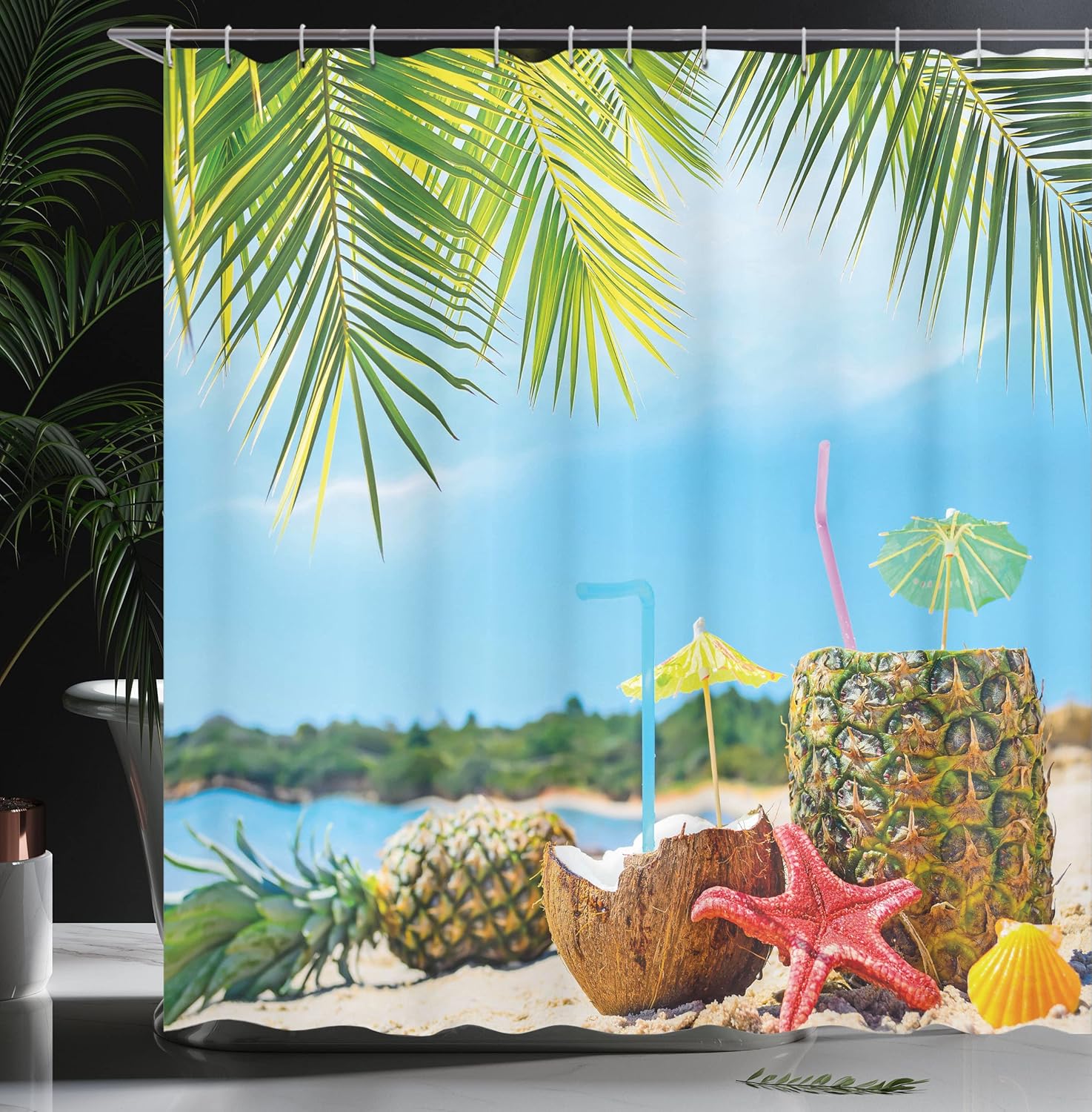Ambesonne Tropical Shower Curtain, Fresh Summer Fruits Coconut and Pineapple Drinks at Exotic Beach Palm Trees, Cloth Fabric Bathroom Decor Set with Hooks, 69" W x 70" L, Blue Green Brown