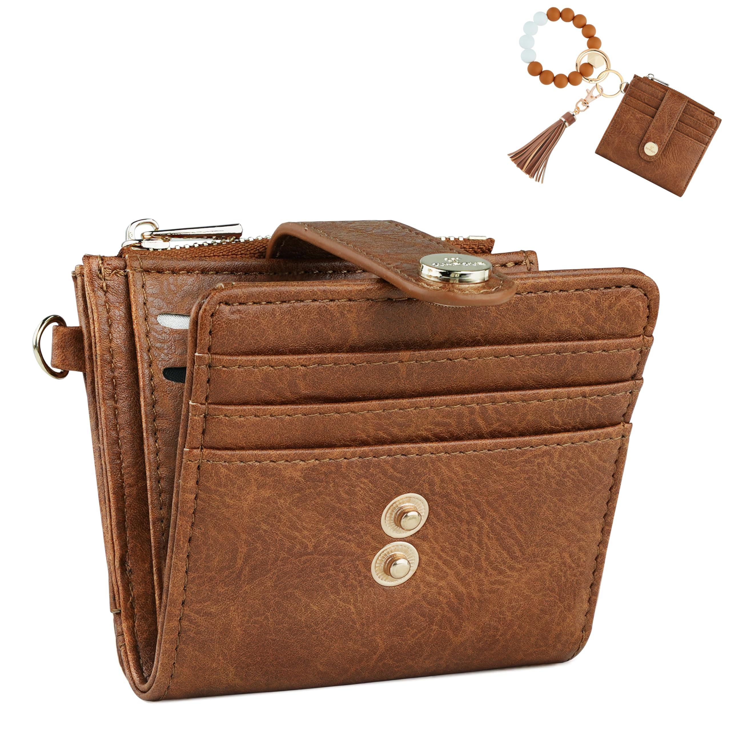 Sunpour Small Wristlet Wallets for Women Keychain Wristlet Wallet RFID Blocking Key Chain Wallet With Zipper Coin Pocket,2 Id Window(Dark Brown)
