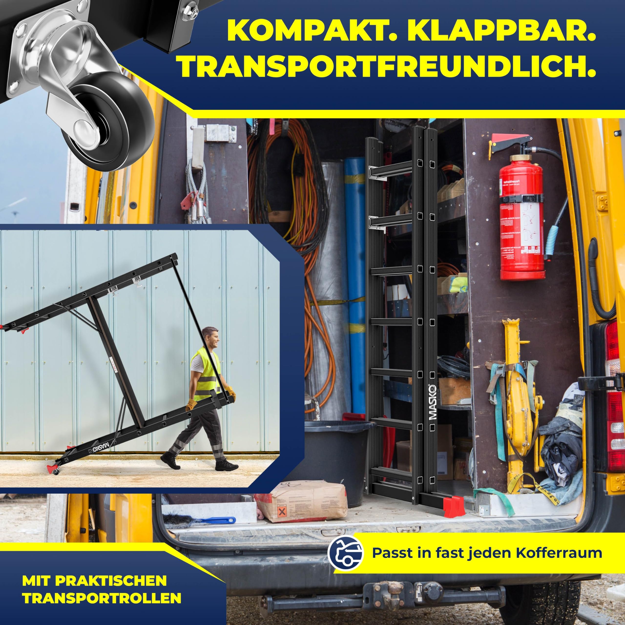 MASKO® Alugerüst 4in1, Baugerüst, Arbeitsgerüst & Gerüstleiter, Mehrzweckleiter als Anlegeleiter, Treppenleiter & Arbeitsbühne, bis 150kg belastbar, Anti-Rutsch beschichtet, GS geprüft EN131 + Ablage