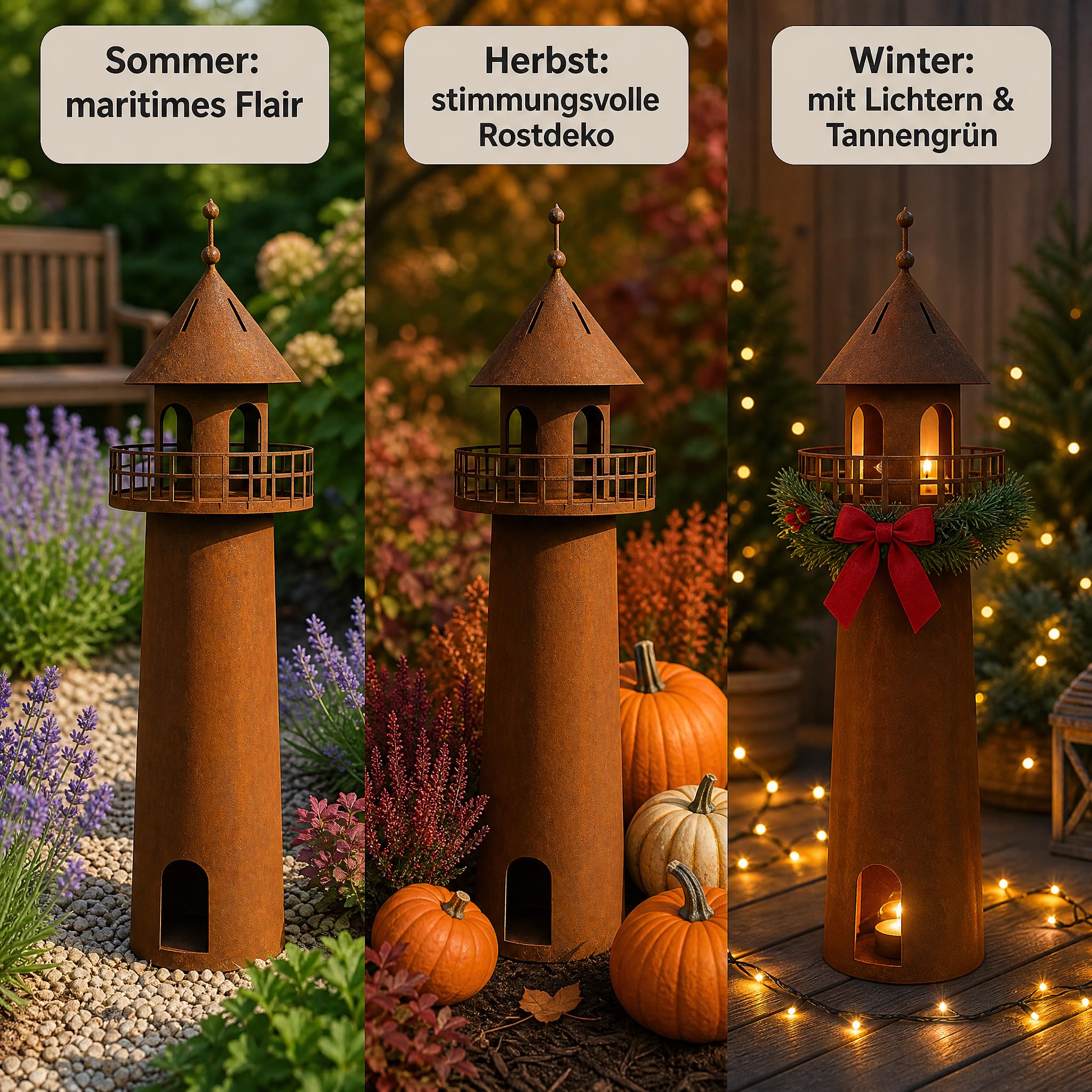 Leuchtturm Deko Edelrost, Gartendeko Metall, 60 cm | Maritime Rostdeko für Garten, Terrasse & Balkon – selbststehend, wetterfest, mit Hohlkörper für stimmungsvolle Beleuchtung