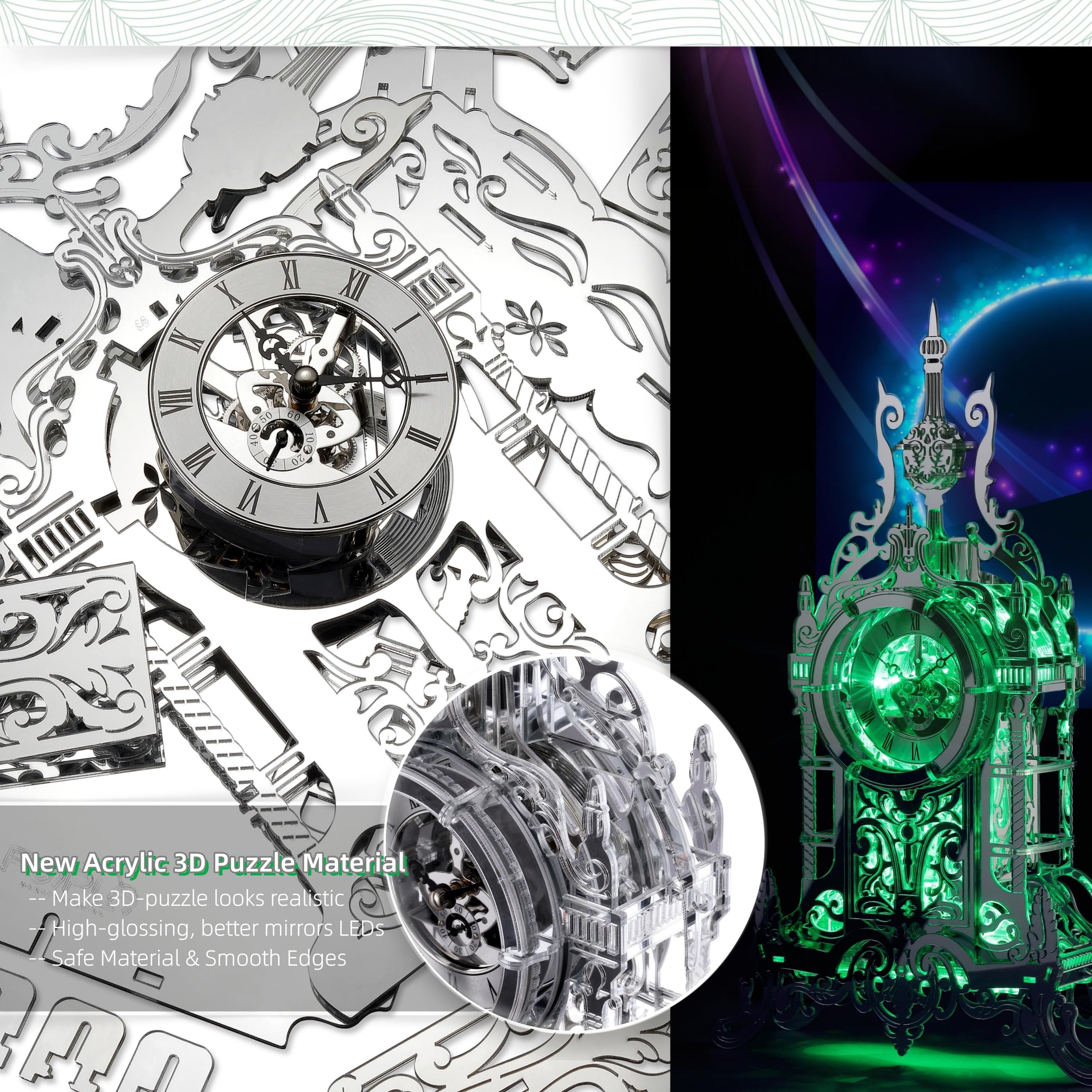 FUNPOLA LED 3D Puzzle Turmuhr für Erwachsene - Elegantes Wohndekor-Gebäudemodell mit farbwechselnden LEDs Teenager und Erwachsene (LED-SATC01 Acryl)