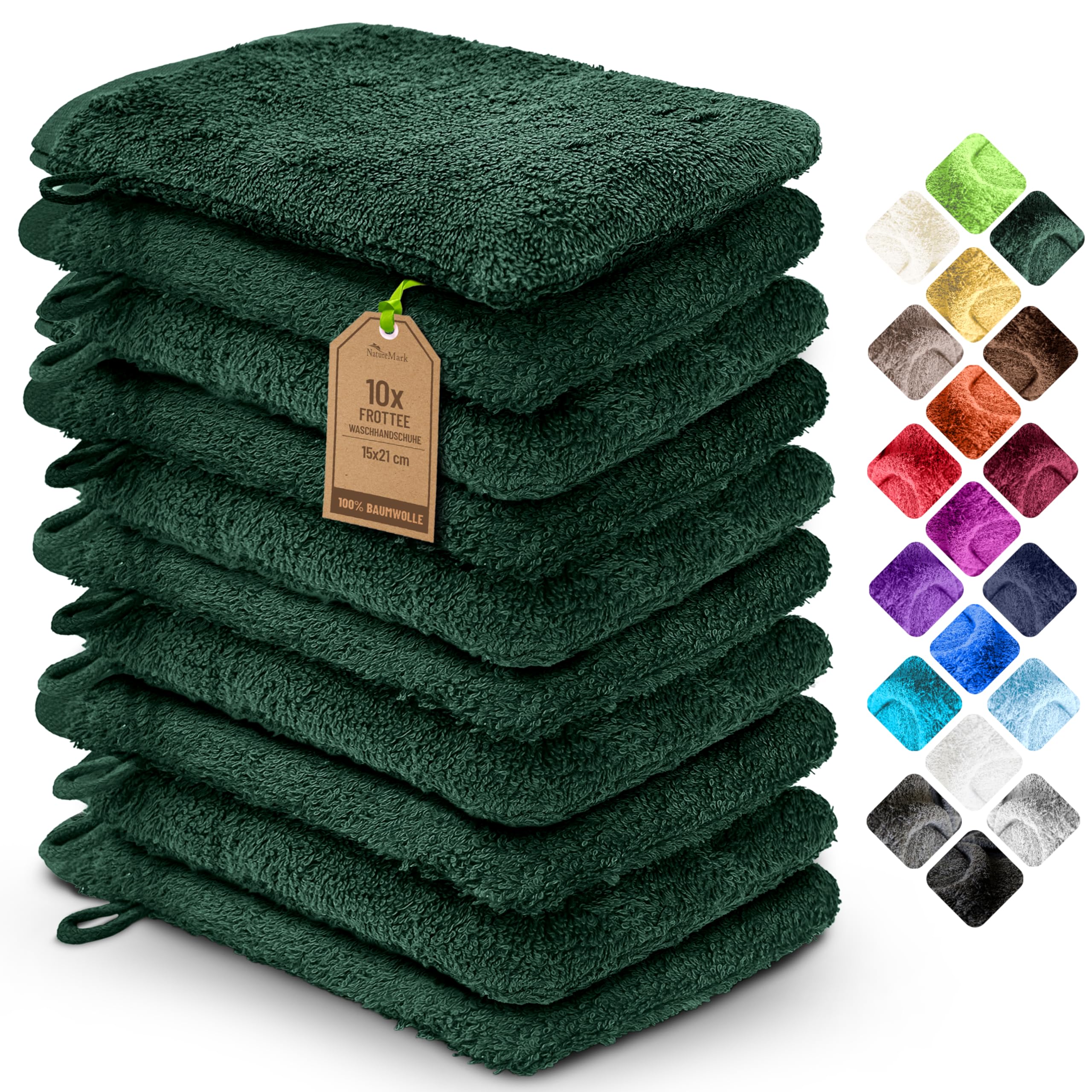 NatureMark 10 x Terry Cloth Wash Mitts 100% Cotton - Soft and Robust, Ideal for Daily Care and Guests - Dark Green, 15 x 21 cm