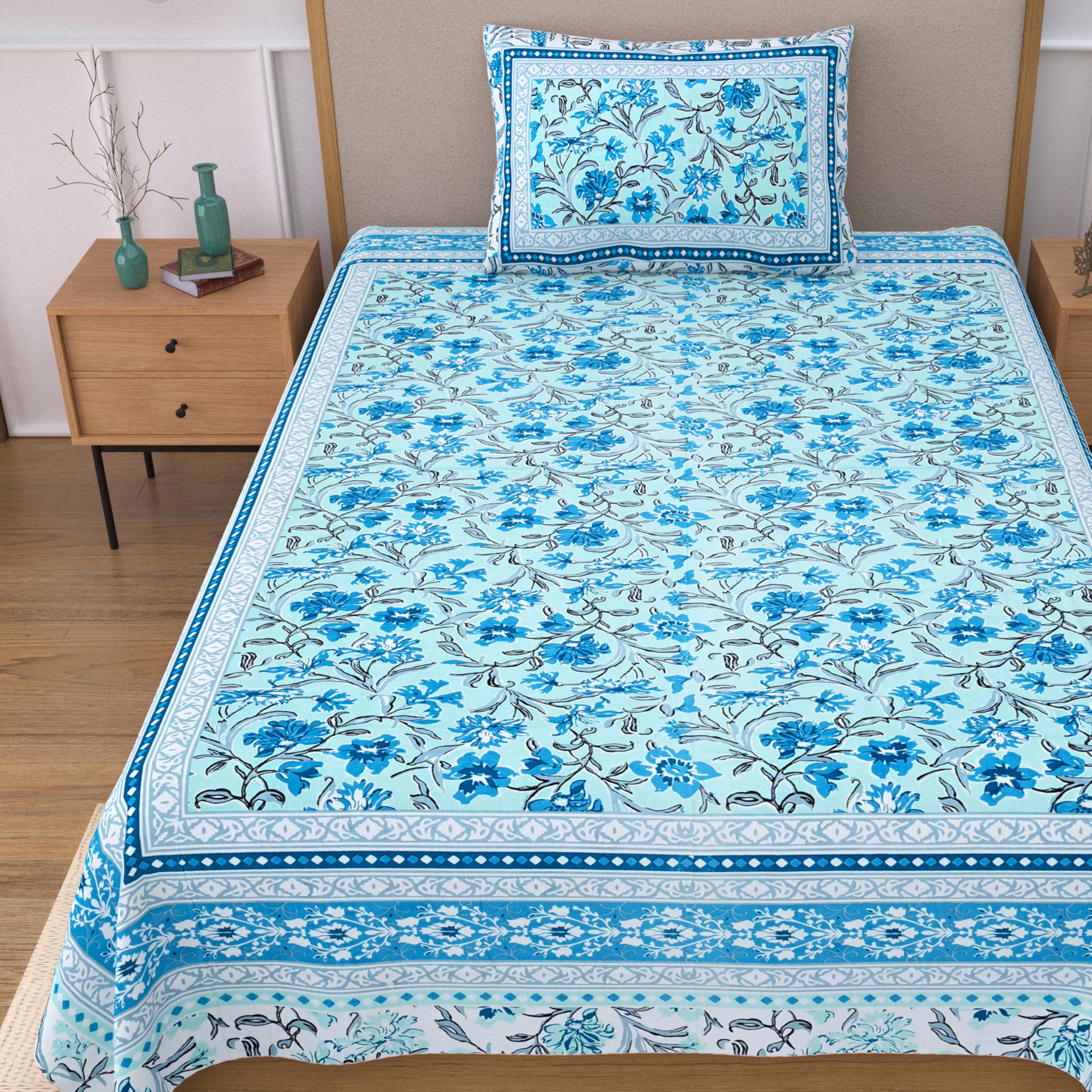 EasyGoods® 100% Pure Cotton Jaipuri Bedsheet with Pillow Covers | Soft & Breathable Fabric | Traditional Floral Print |